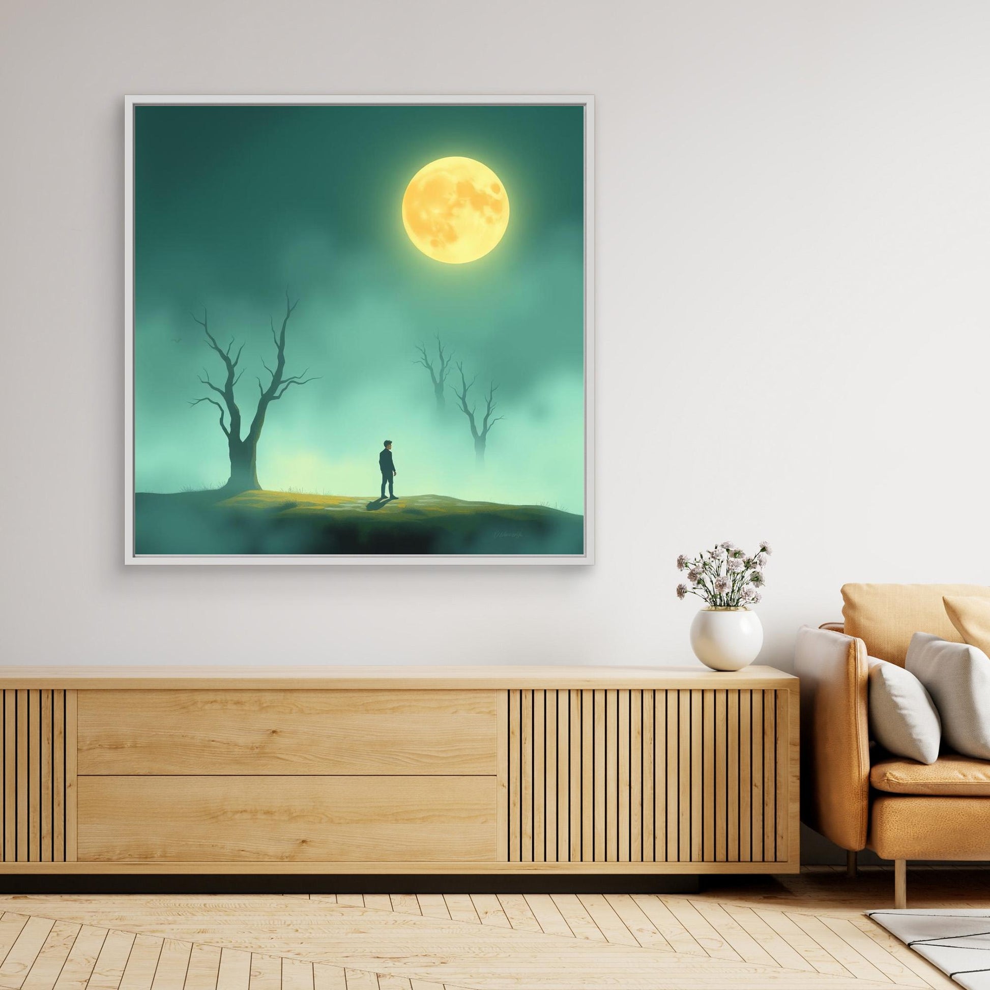 Minimalist Moonlight Silence – Serene Canvas Wall Art in Fog and Full Moonlight