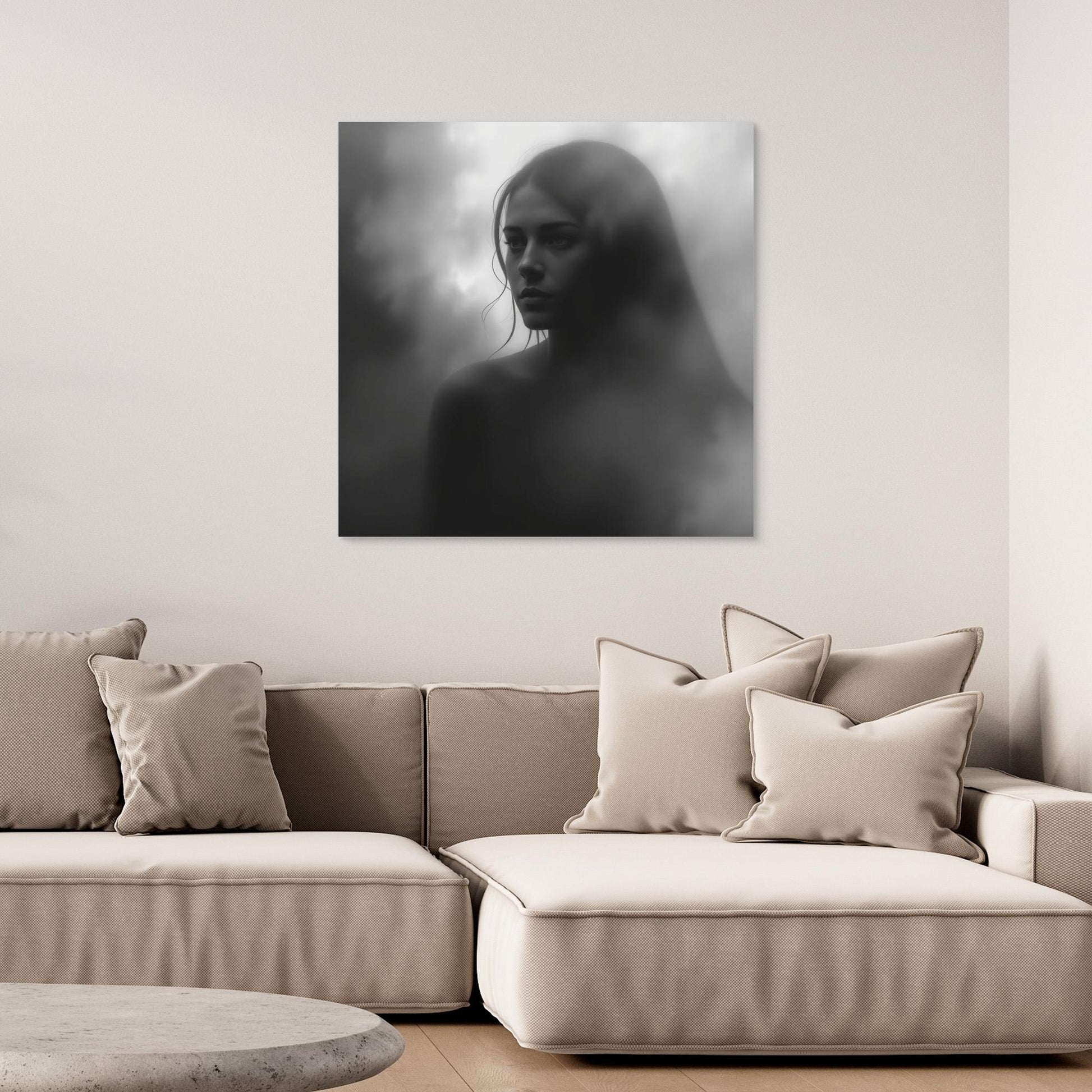Veiled in Shadows – Black and White Portrait Canvas Print | Emotional Fine Art Photography