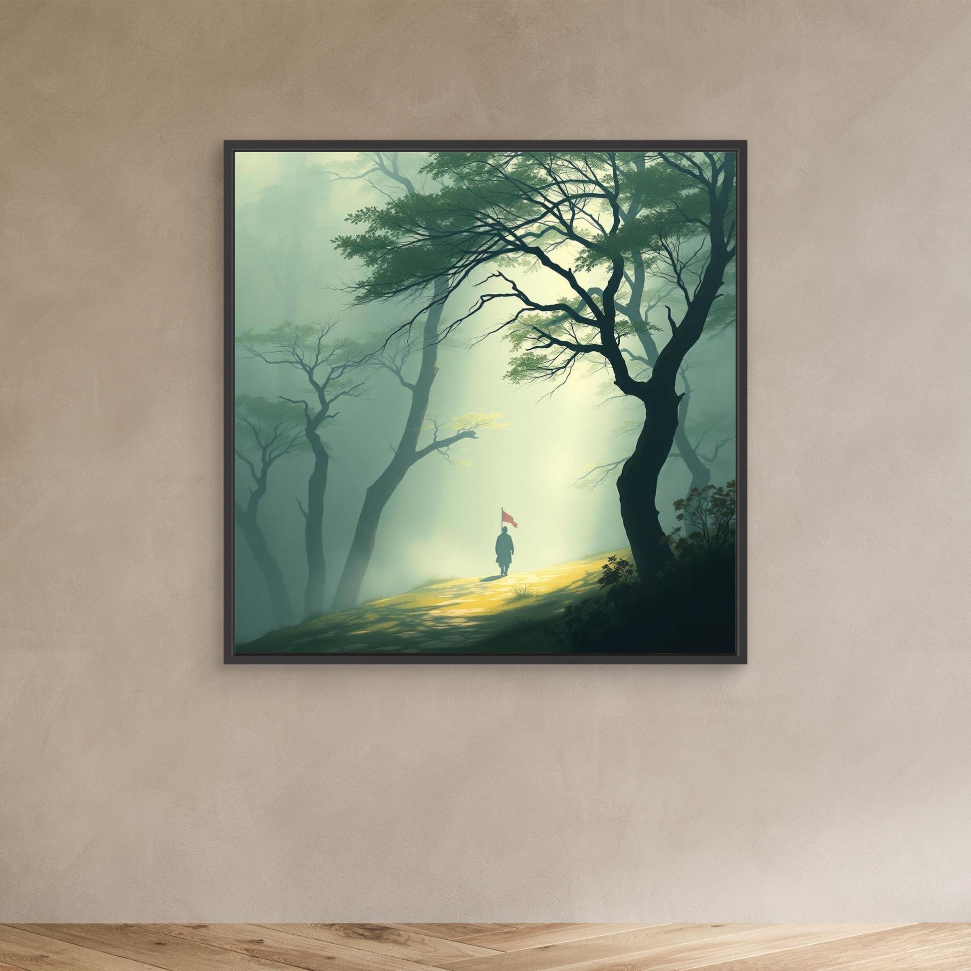 Path of Resolve – Minimalist Forest Canvas Wall Art with Lone Figure and Red Flag
