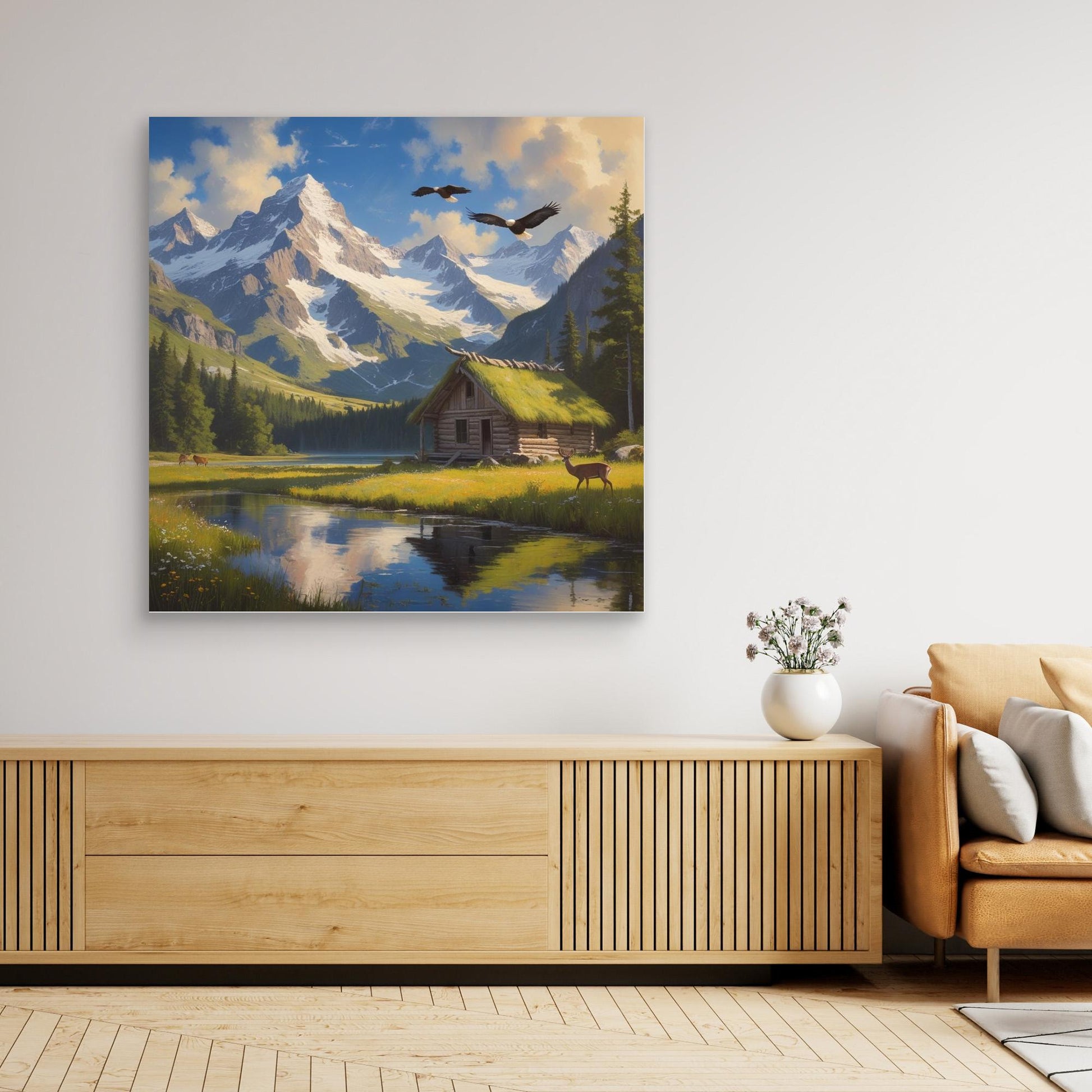 Still Waters Cabin – Mountain Landscape with Wildlife Canvas Art