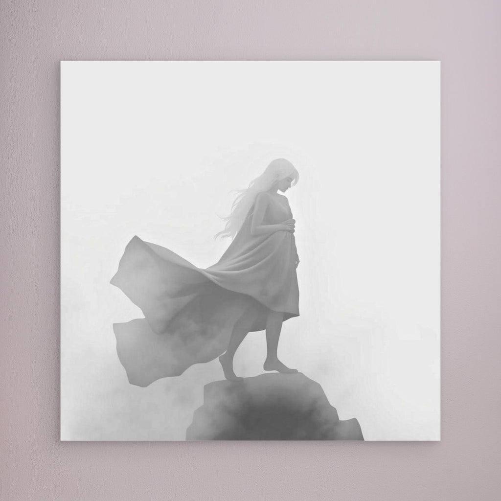 Veil of the Mist – Minimalist Black and White Canvas Wall Art of a Mysterious Woman in the Fog