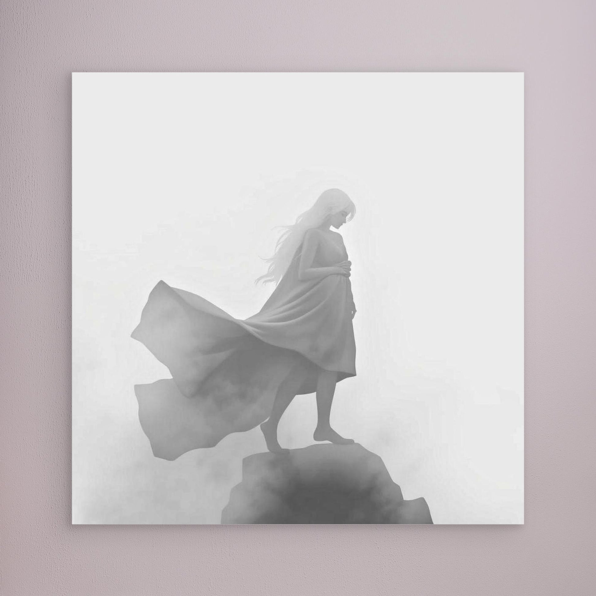 Veil of the Mist – Minimalist Black and White Canvas Wall Art of a Mysterious Woman in the Fog