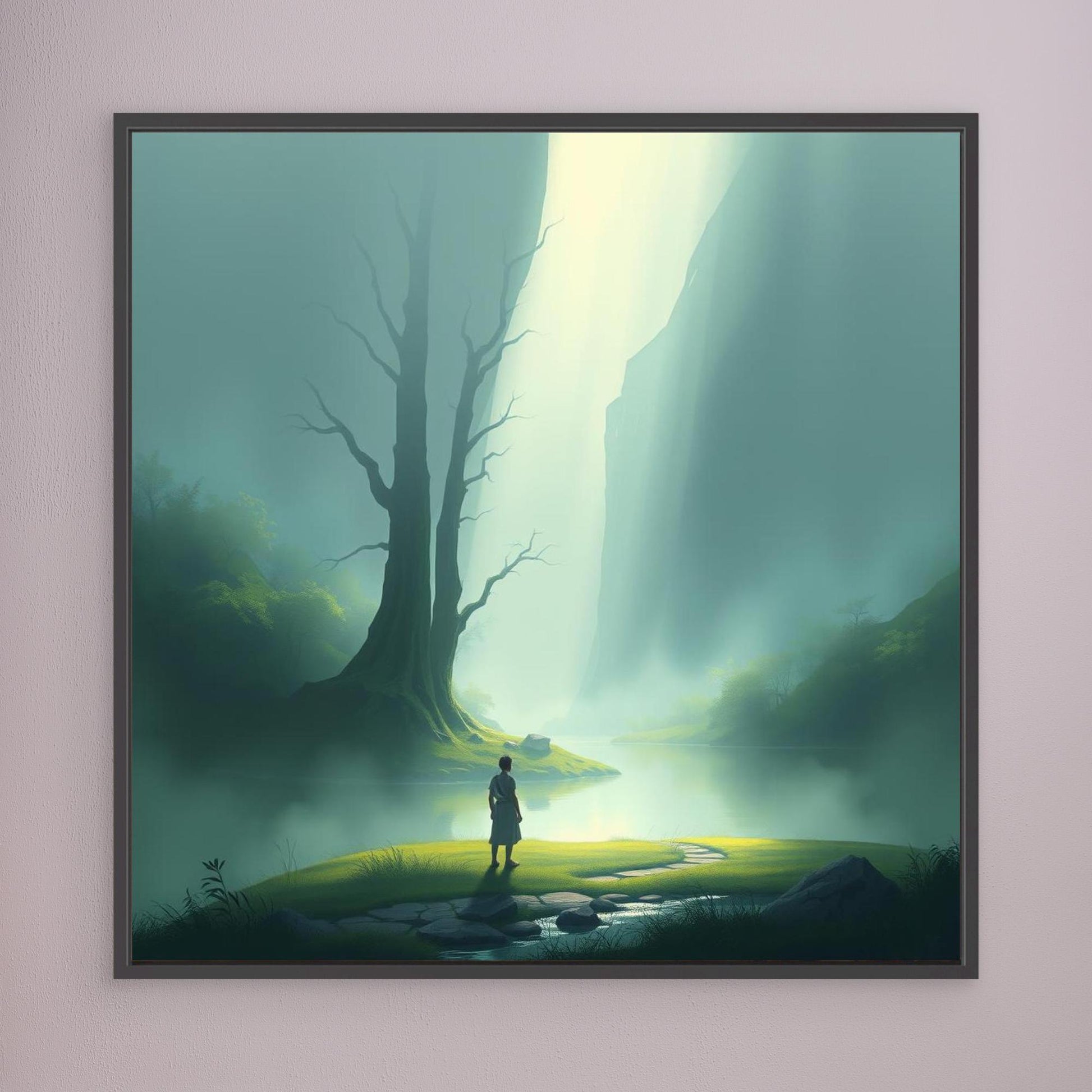 Misty Valley Awakening – Minimalist Nature Canvas Wall Art with Soft Light and Serenity