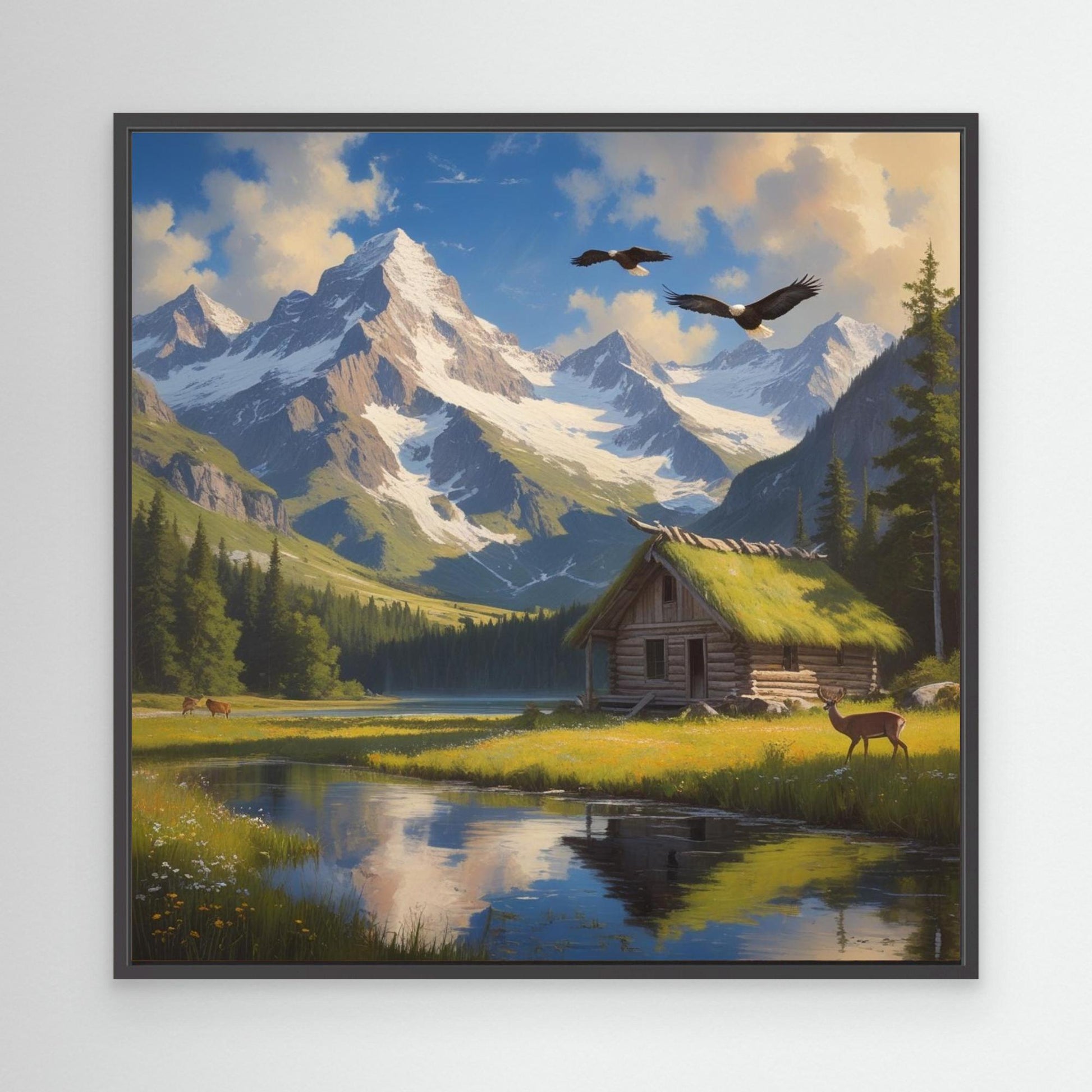 Still Waters Cabin – Mountain Landscape with Wildlife Canvas Art
