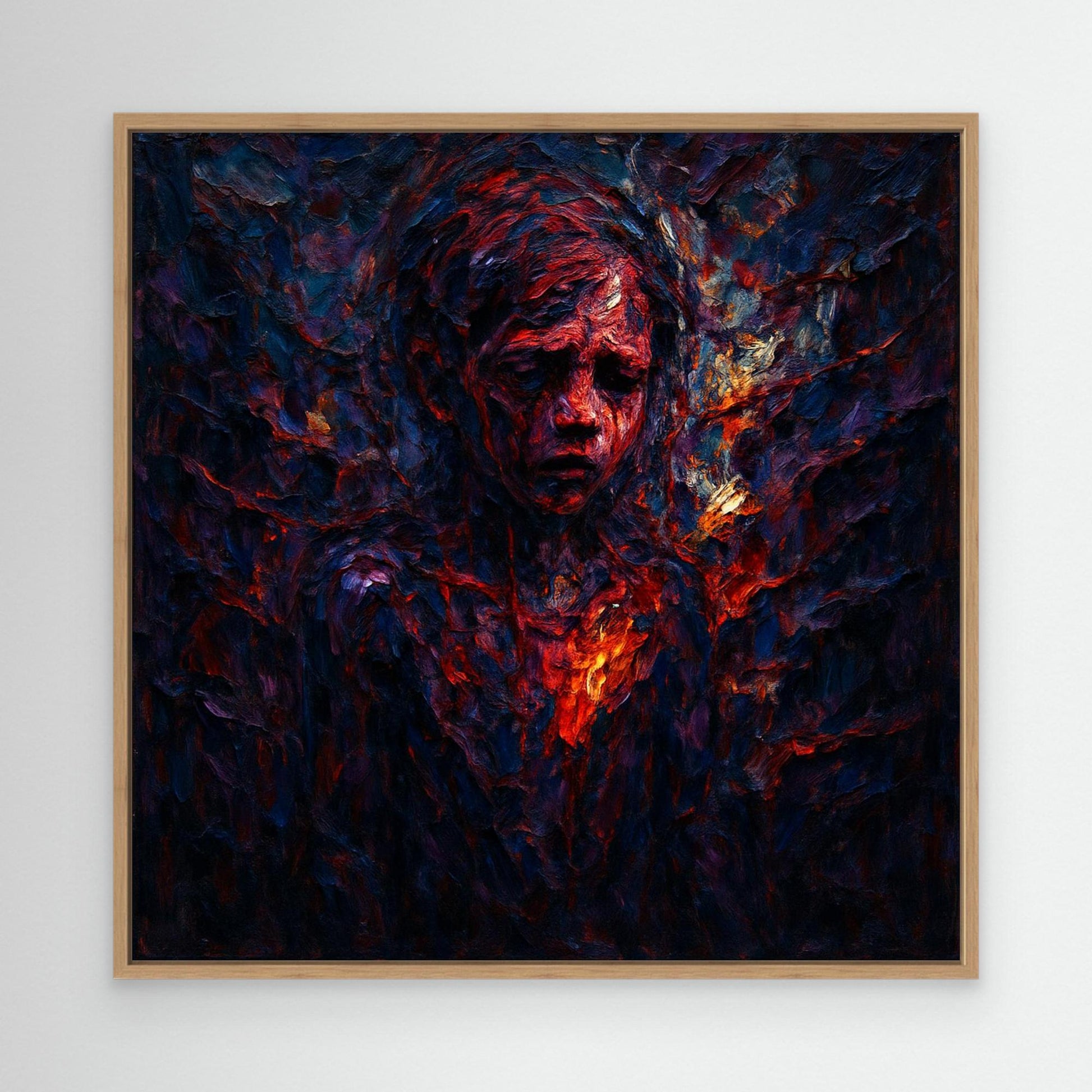 Figurative Fire Portrait – Dark Emotional Canvas Wall Art