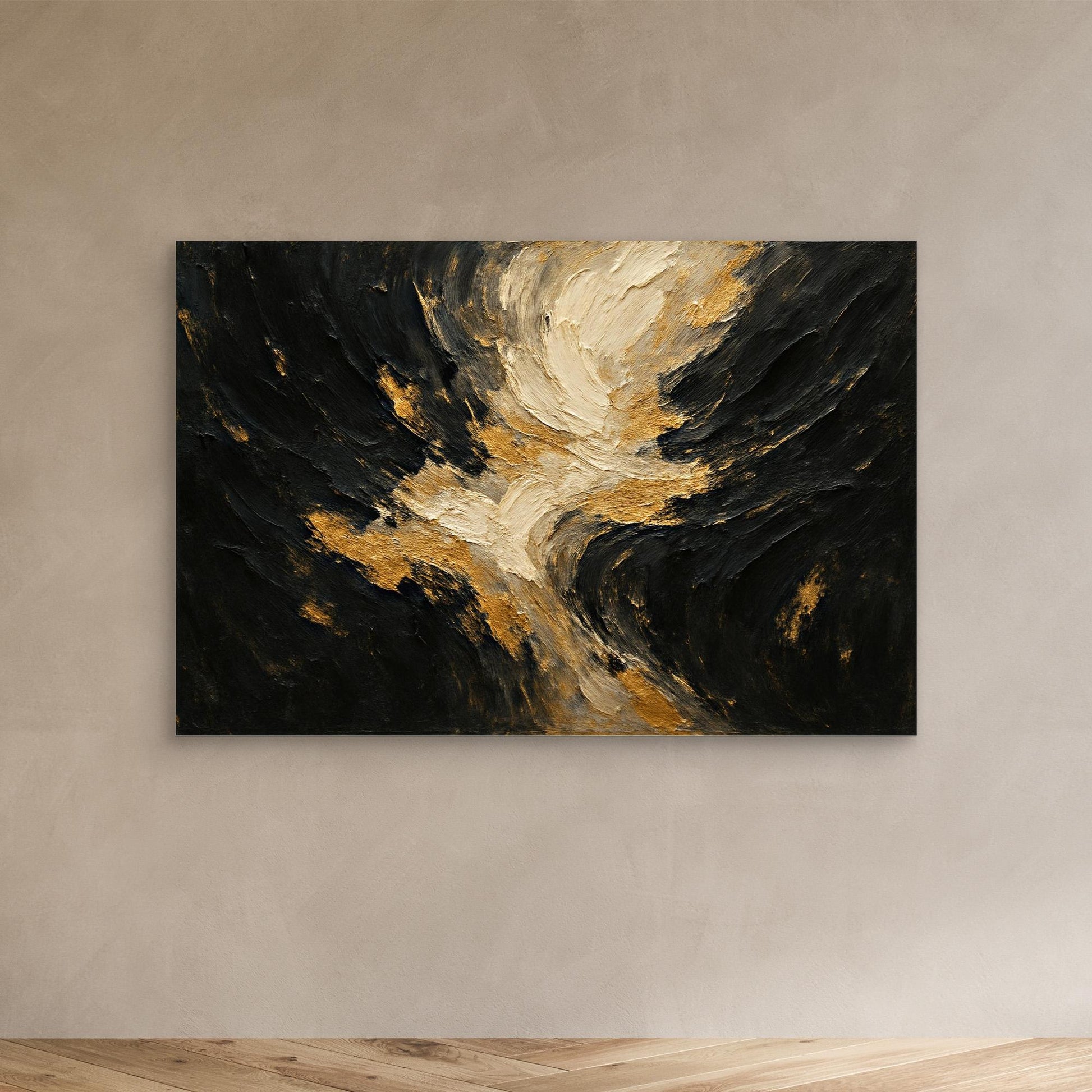 Gold and Black Textured Canvas Wall Art – Abstract Flow