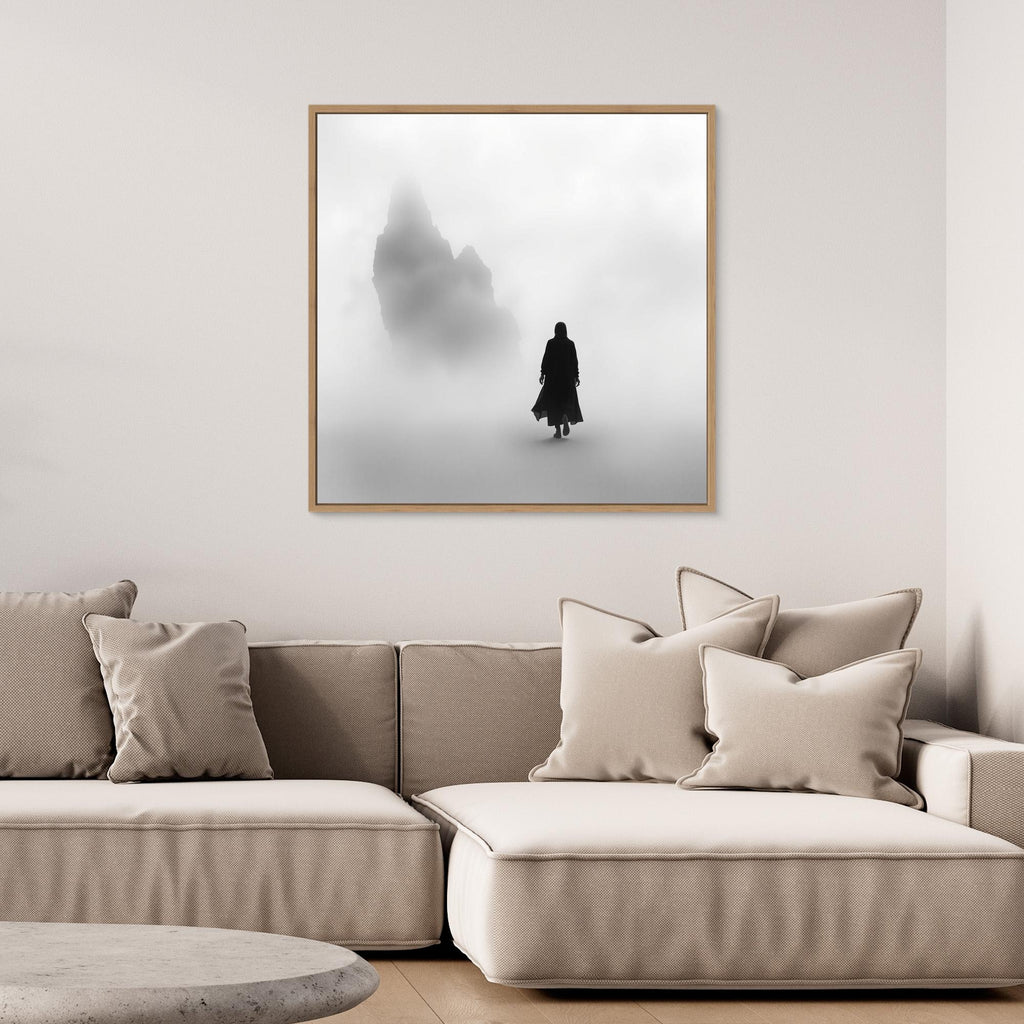 Into the Silence – Minimalist Black and White Canvas Art of Solitary Figure in Foggy Landscape