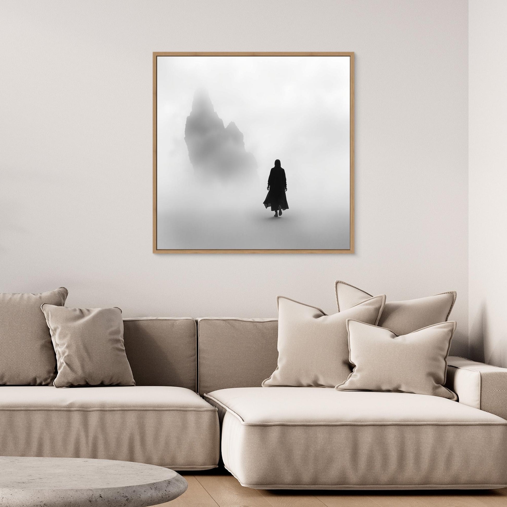 Into the Silence – Minimalist Black and White Canvas Art of Solitary Figure in Foggy Landscape