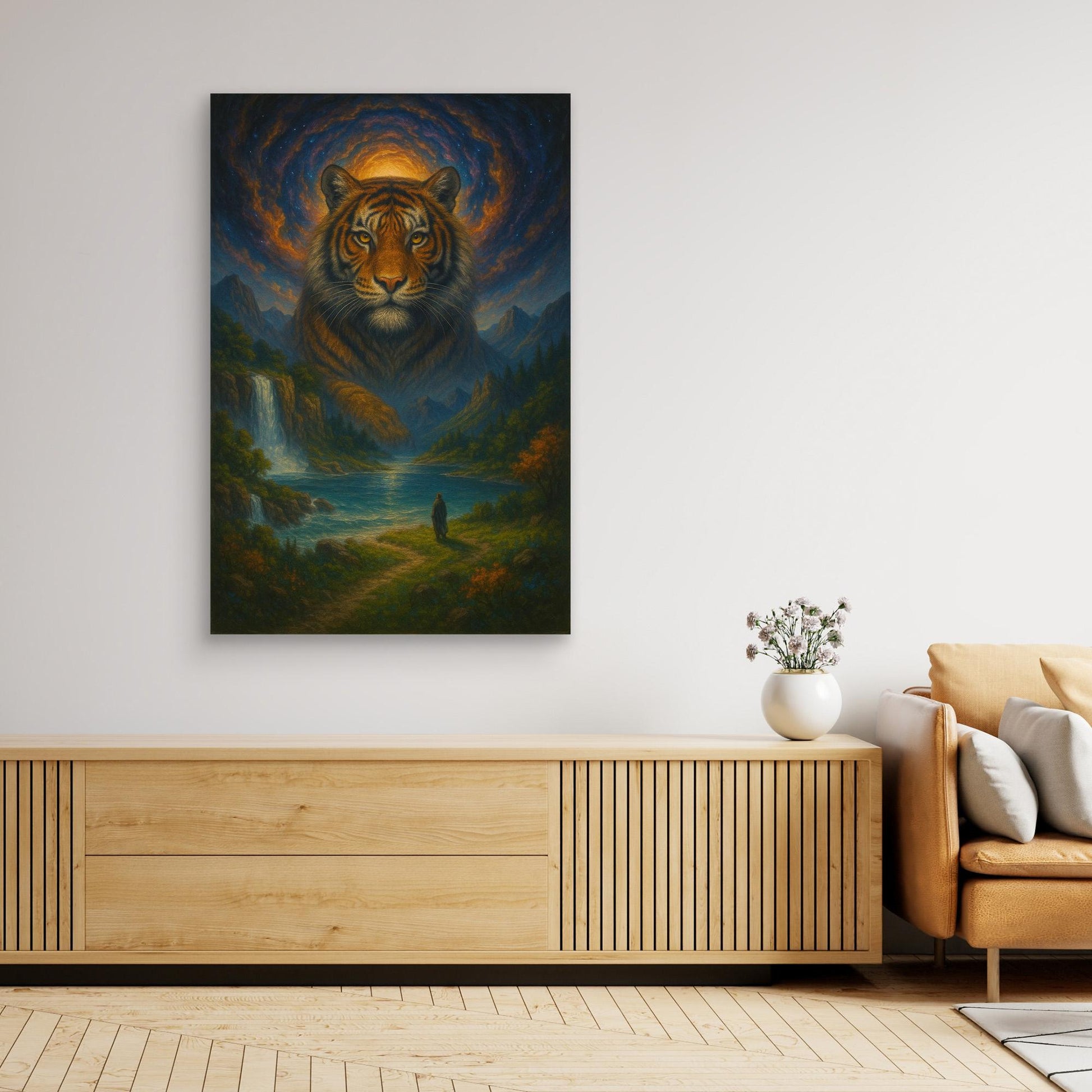 Mystic Tiger Spirit | Fantasy Canvas Wall Art of Majestic Jungle and Waterfall Landscape