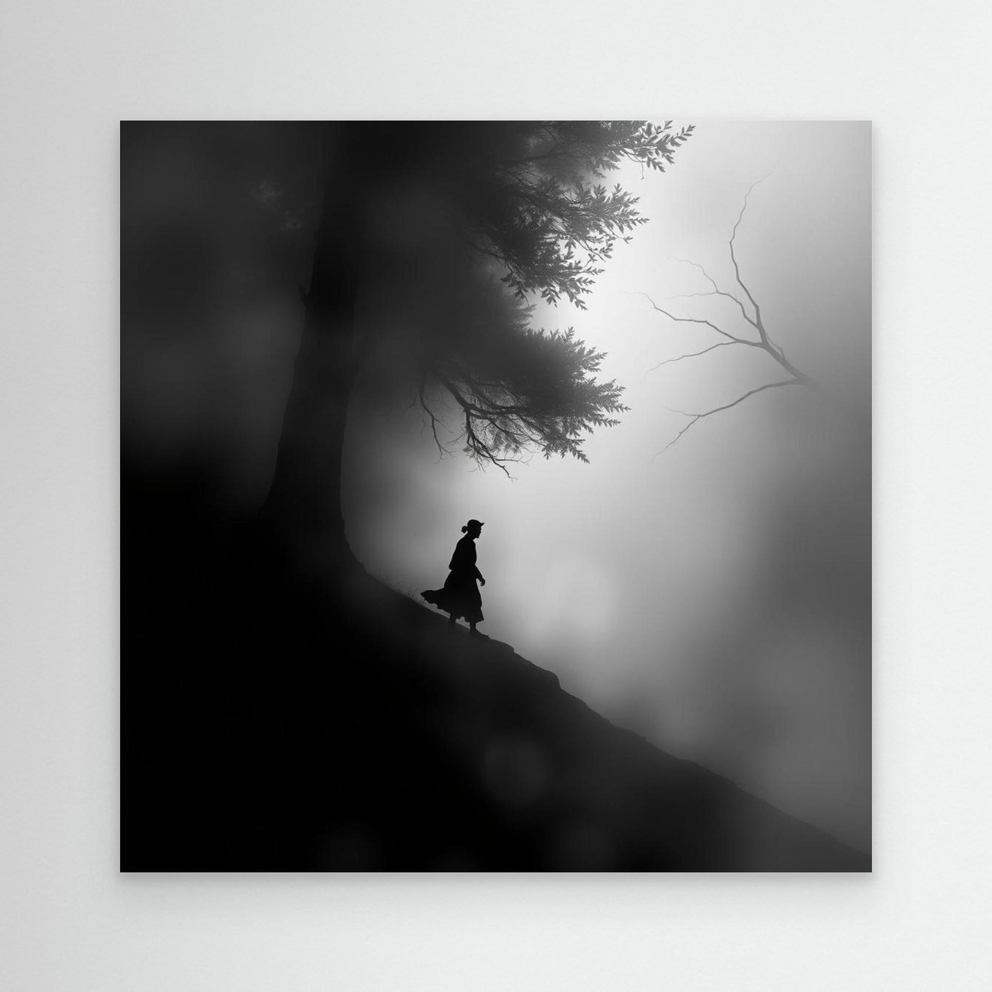 Mystic Walk Through the Fog – Black and White Nature Canvas Wall Art
