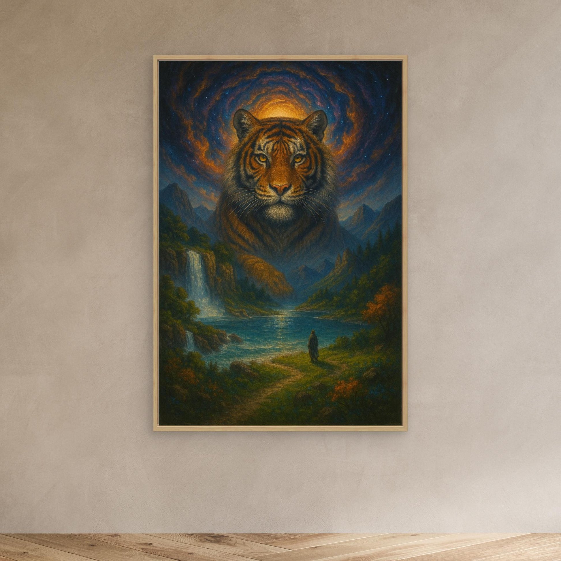 Mystic Tiger Spirit | Fantasy Canvas Wall Art of Majestic Jungle and Waterfall Landscape