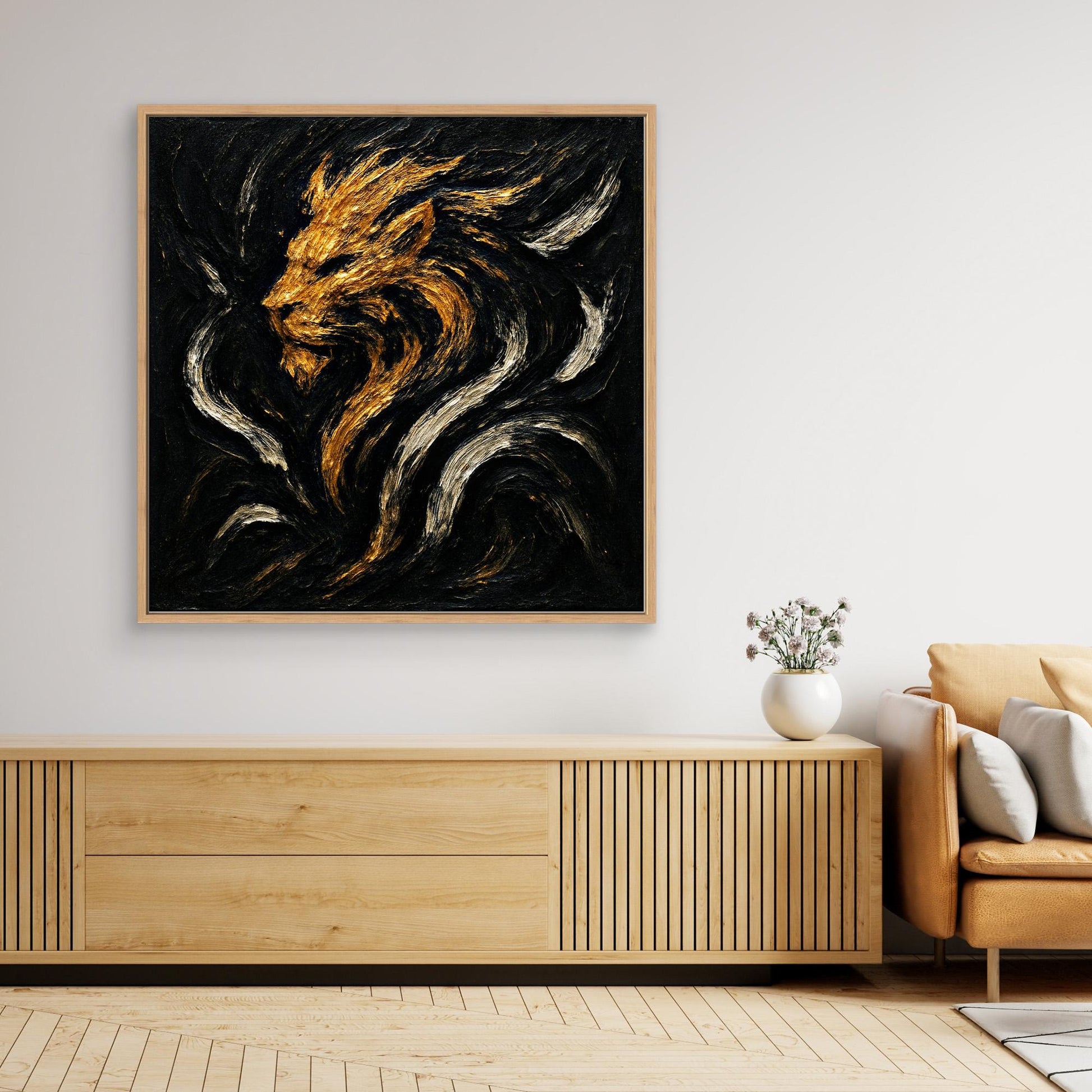 Abstract Lion Canvas Wall Art – Gold and Black Modern Print
