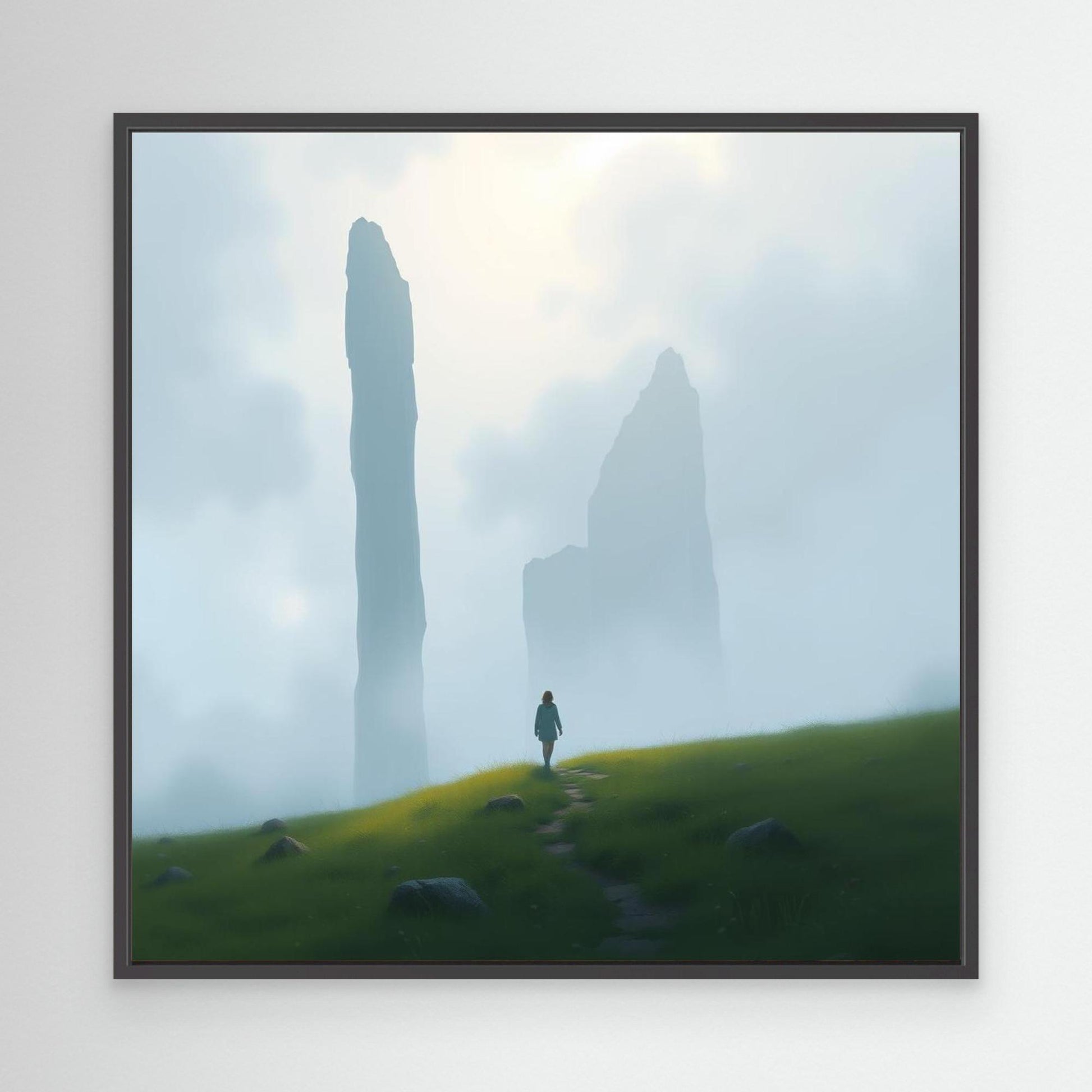 Wanderer of the Mist – Minimalist Nature Canvas Wall Art | Foggy Mountains & Lone Explorer Print