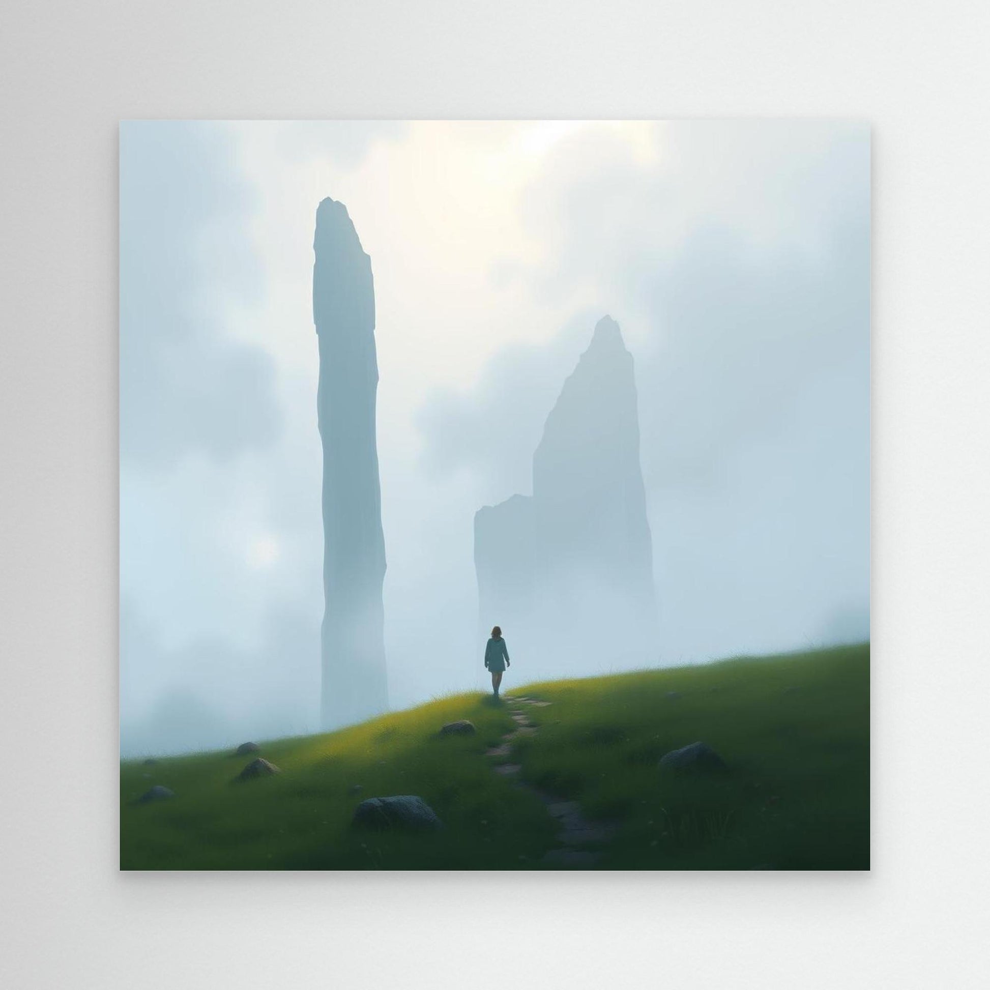 Wanderer of the Mist – Minimalist Nature Canvas Wall Art | Foggy Mountains & Lone Explorer Print