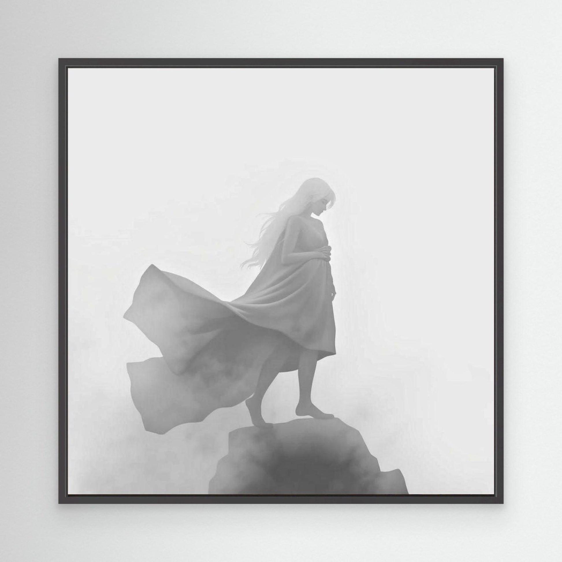 Veil of the Mist – Minimalist Black and White Canvas Wall Art of a Mysterious Woman in the Fog