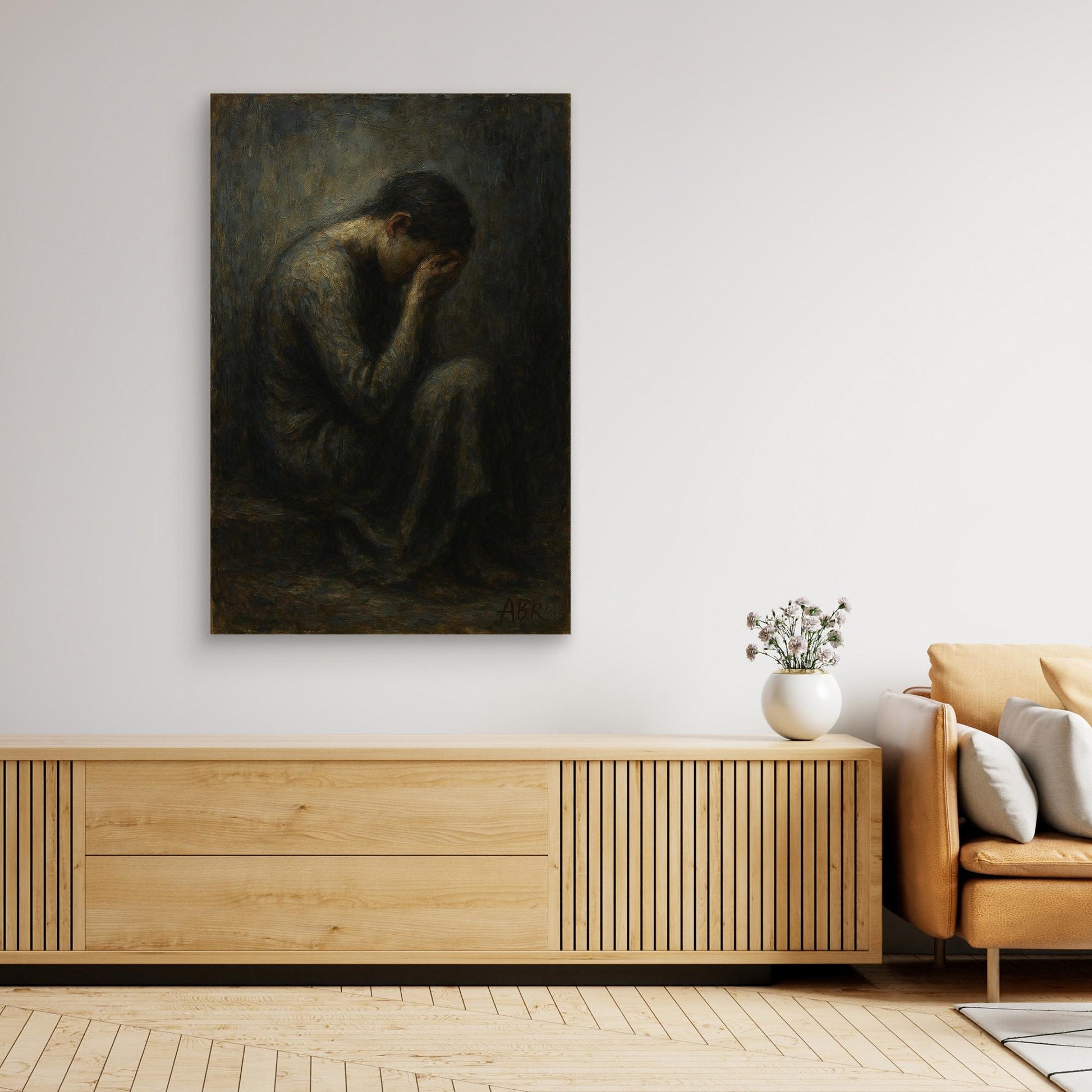Dark Figurative Canvas Wall Art – Grief in Silence