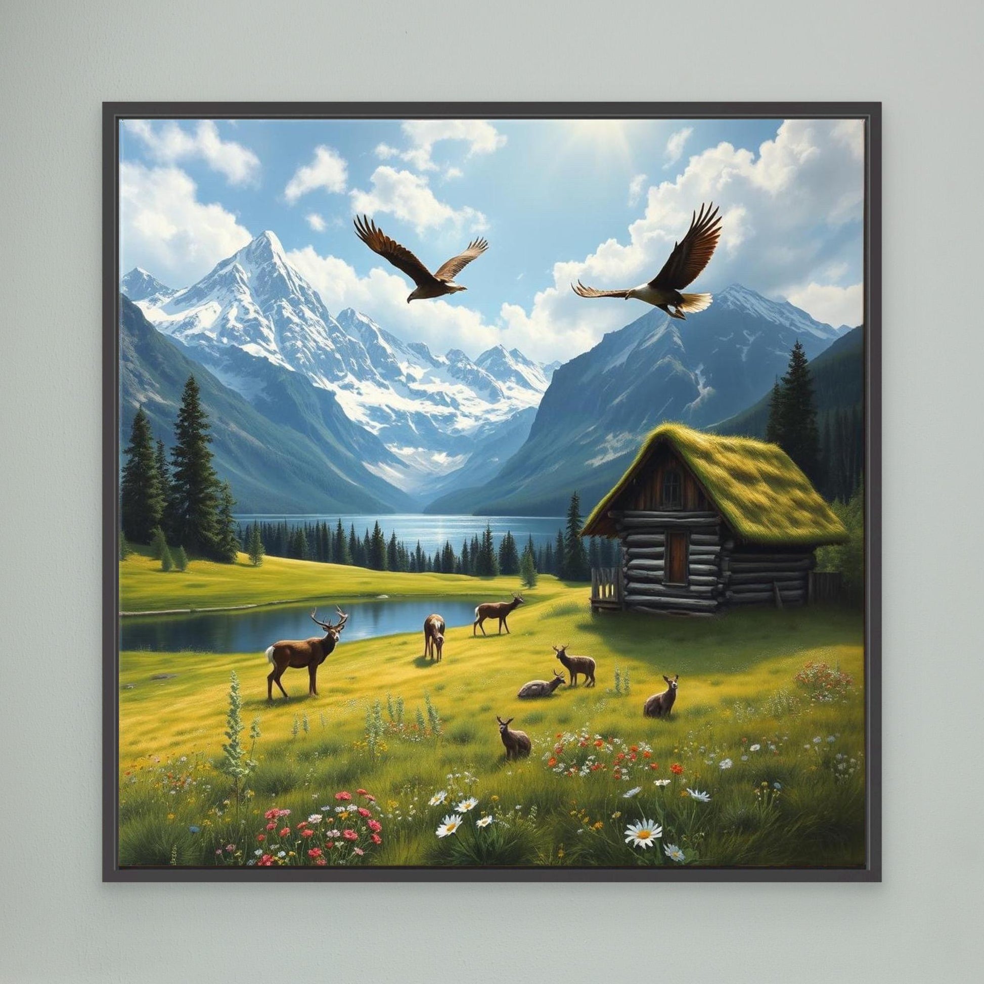 Alpine Sanctuary – Wildlife and Cabin by the Lake Canvas Art