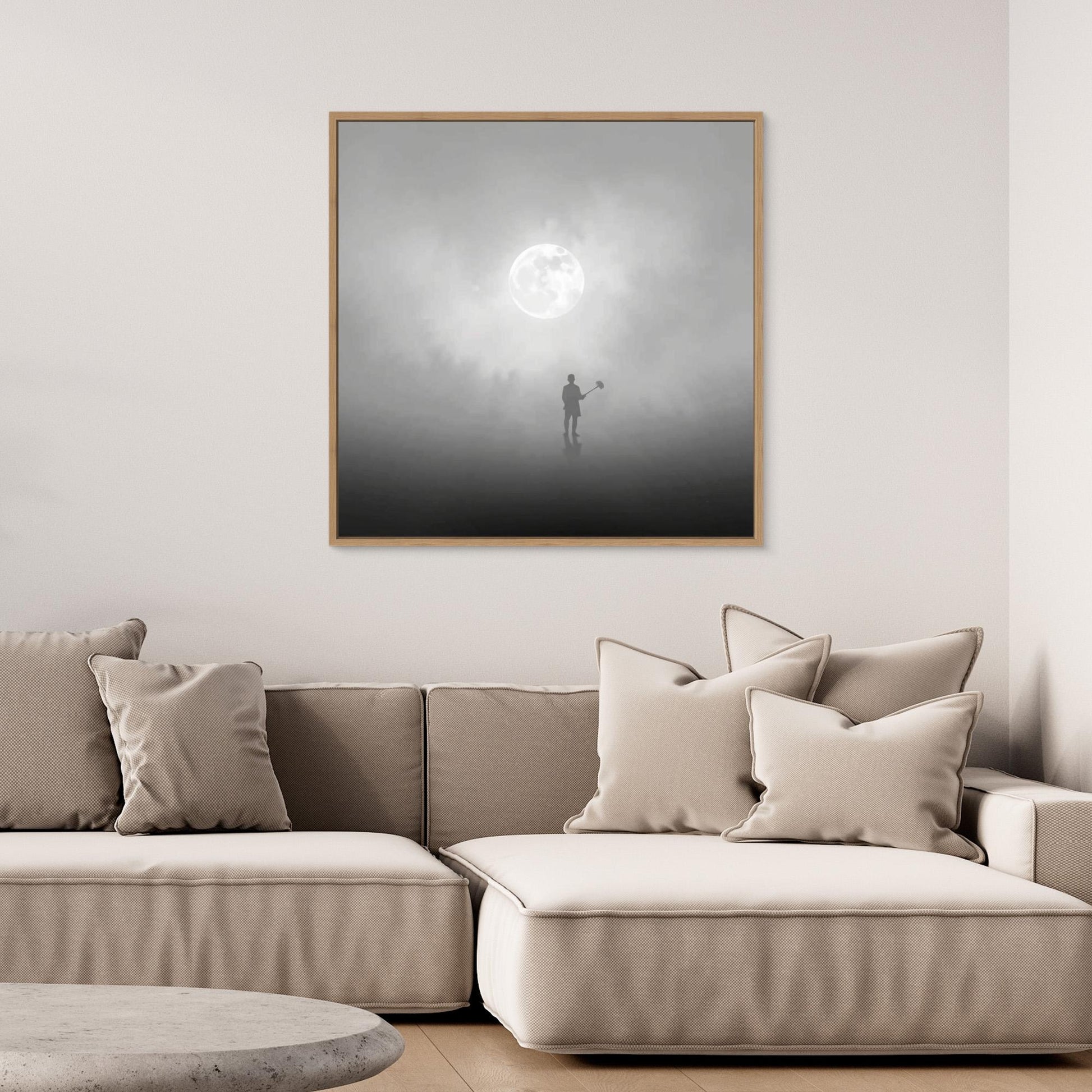 The Digger of Dreams – Minimalist Misty Landscape Art with Full Moon & Shovel Silhouette”