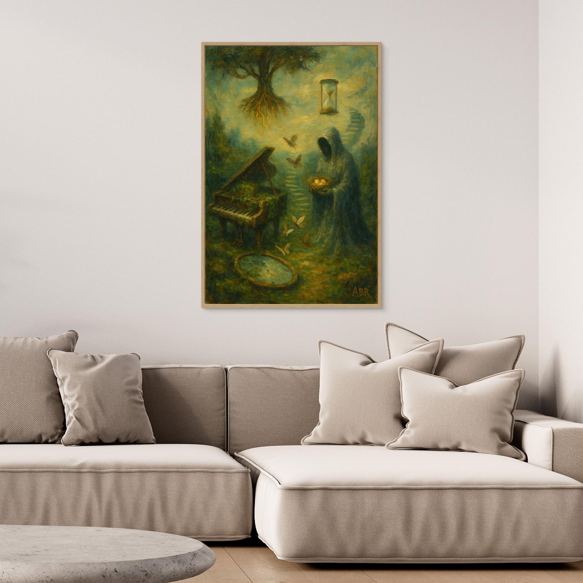 Surreal Canvas Wall Art with Hooded Figure and Piano