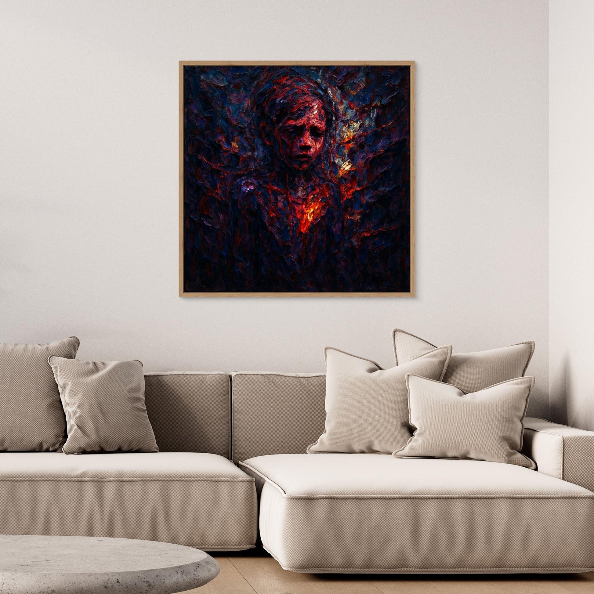 Figurative Fire Portrait – Dark Emotional Canvas Wall Art