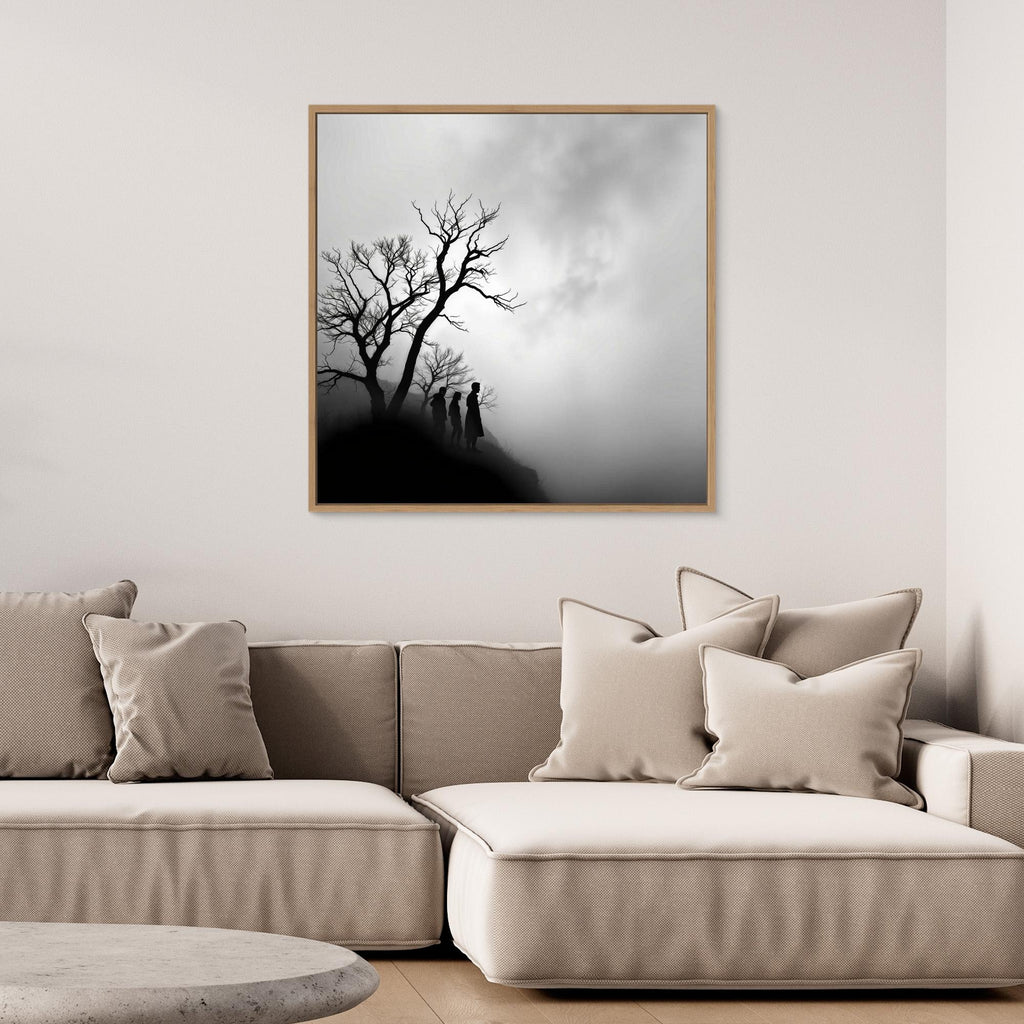 Edge of Silence – Minimalist Black & White Canvas Art | Surreal Fog Landscape with Silhouettes