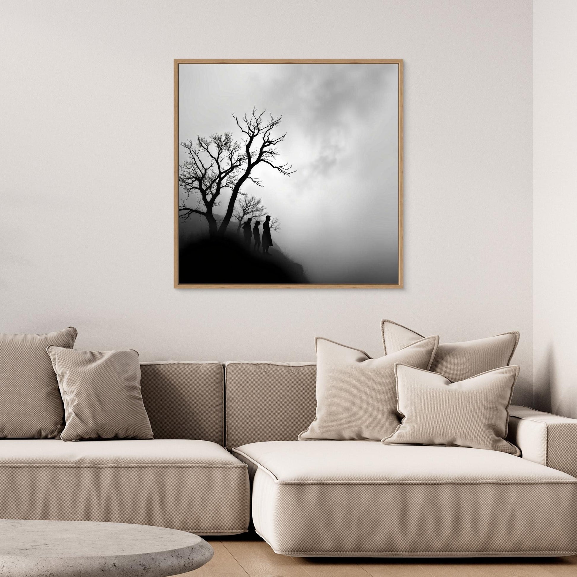 Edge of Silence – Minimalist Black & White Canvas Art | Surreal Fog Landscape with Silhouettes