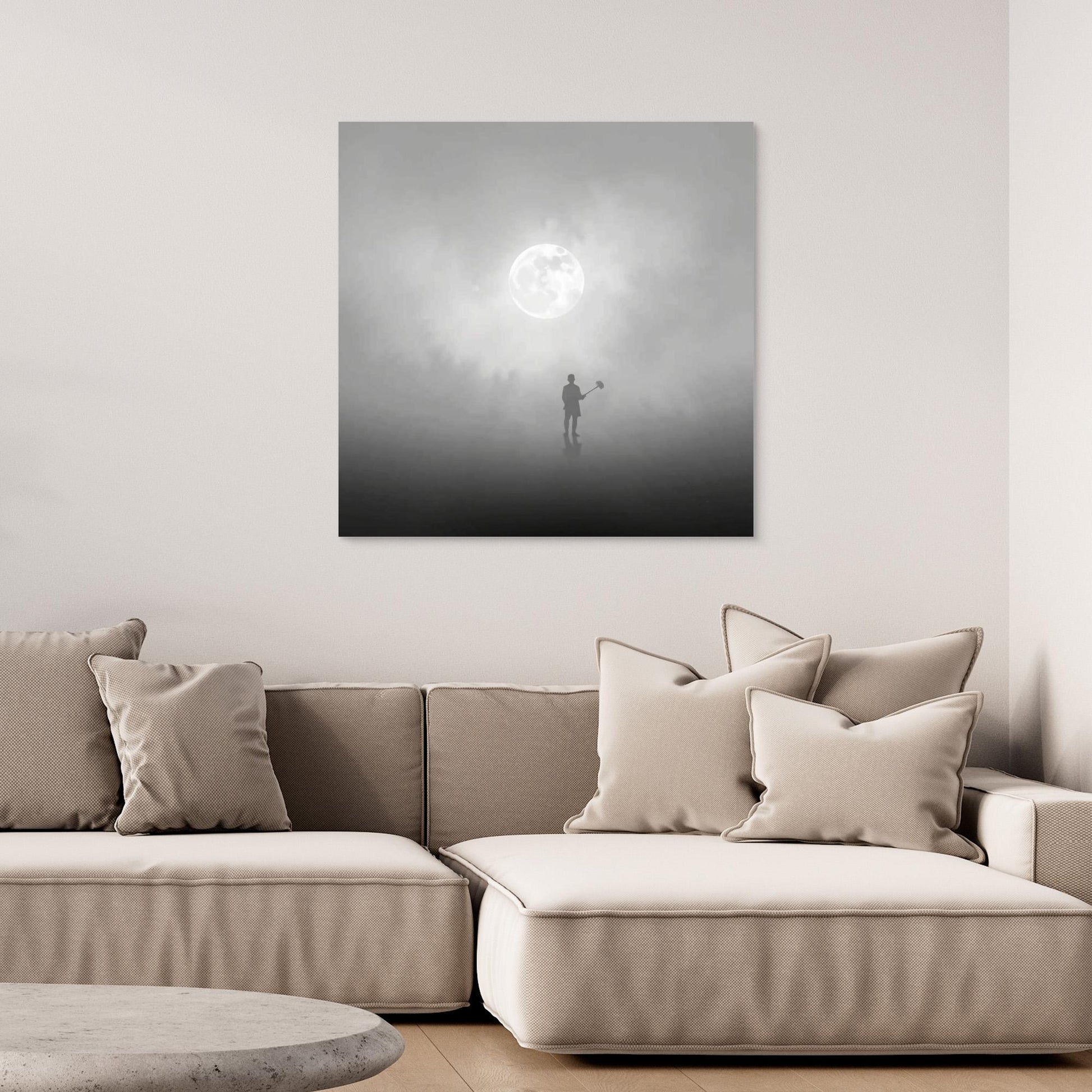 The Digger of Dreams – Minimalist Misty Landscape Art with Full Moon & Shovel Silhouette”
