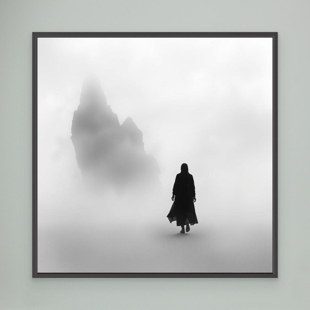 Into the Silence – Minimalist Black and White Canvas Art of Solitary Figure in Foggy Landscape