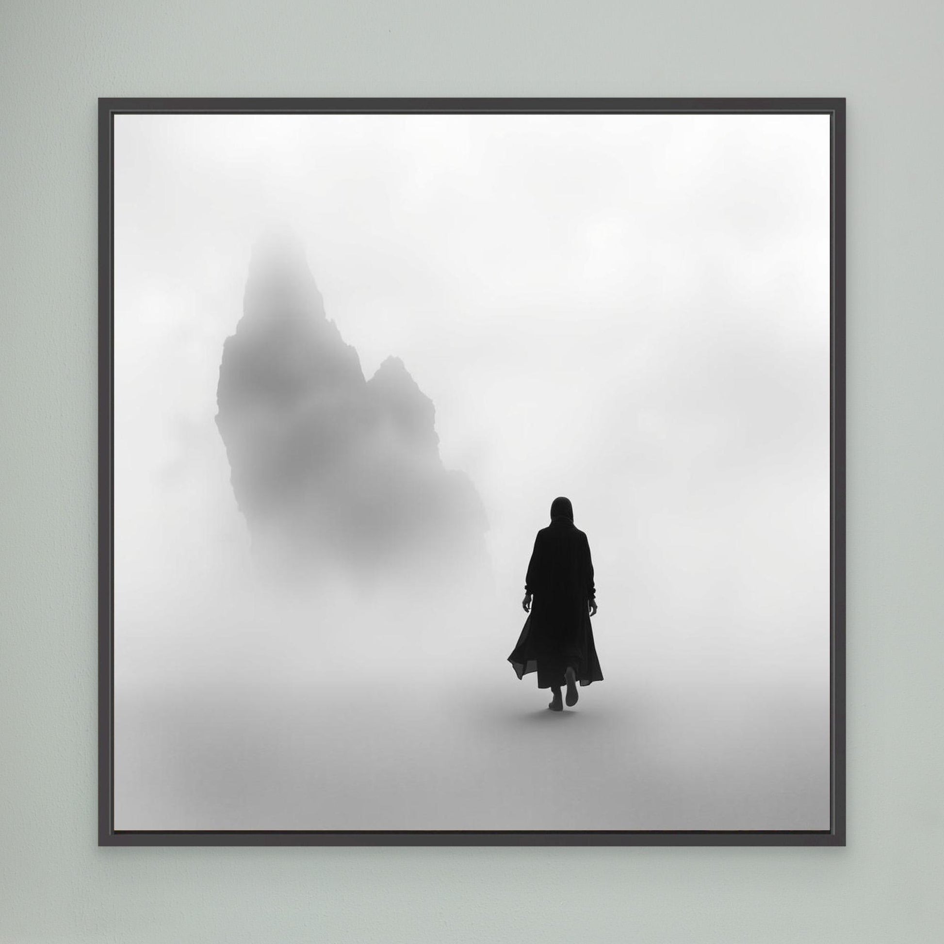 Into the Silence – Minimalist Black and White Canvas Art of Solitary Figure in Foggy Landscape
