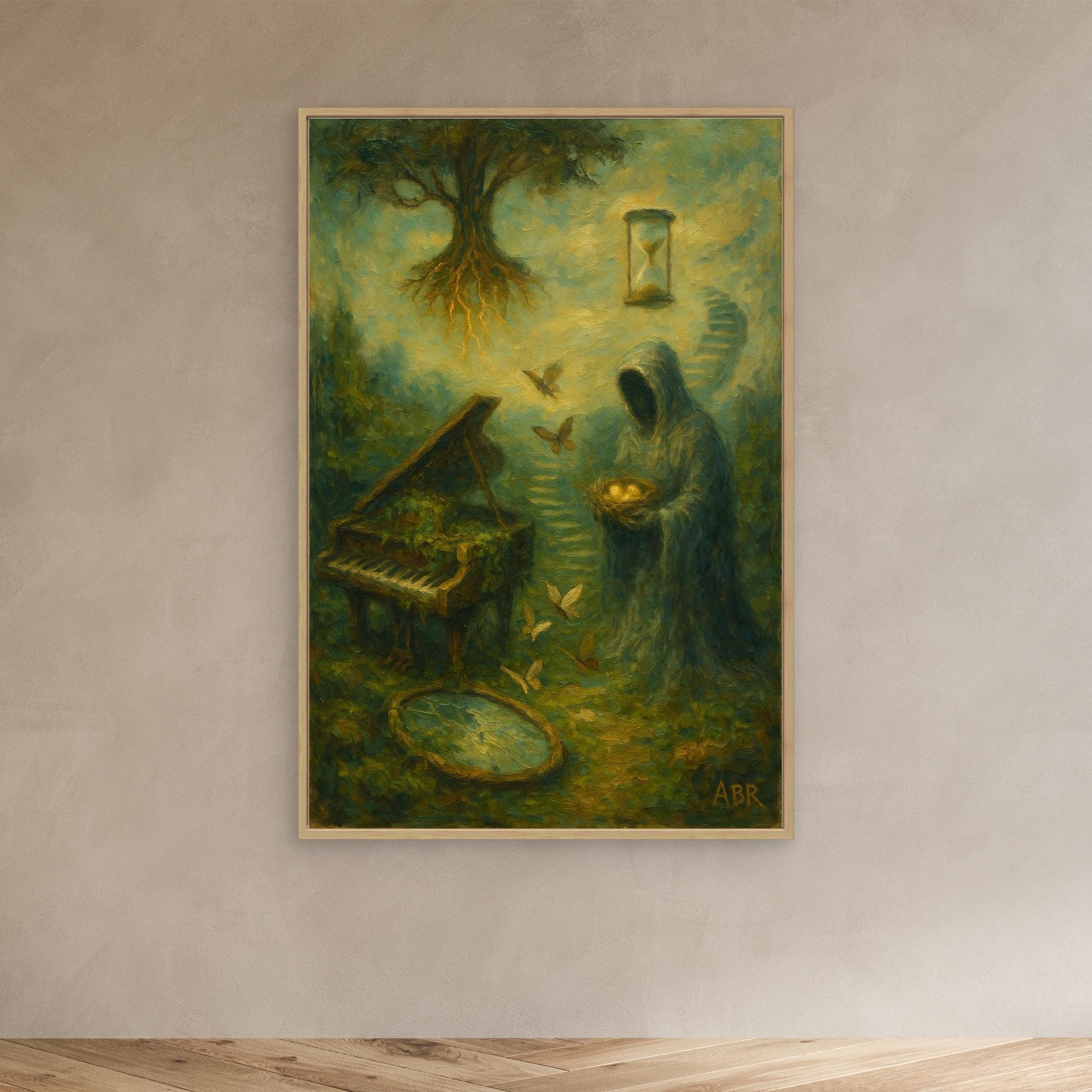 Surreal Canvas Wall Art with Hooded Figure and Piano