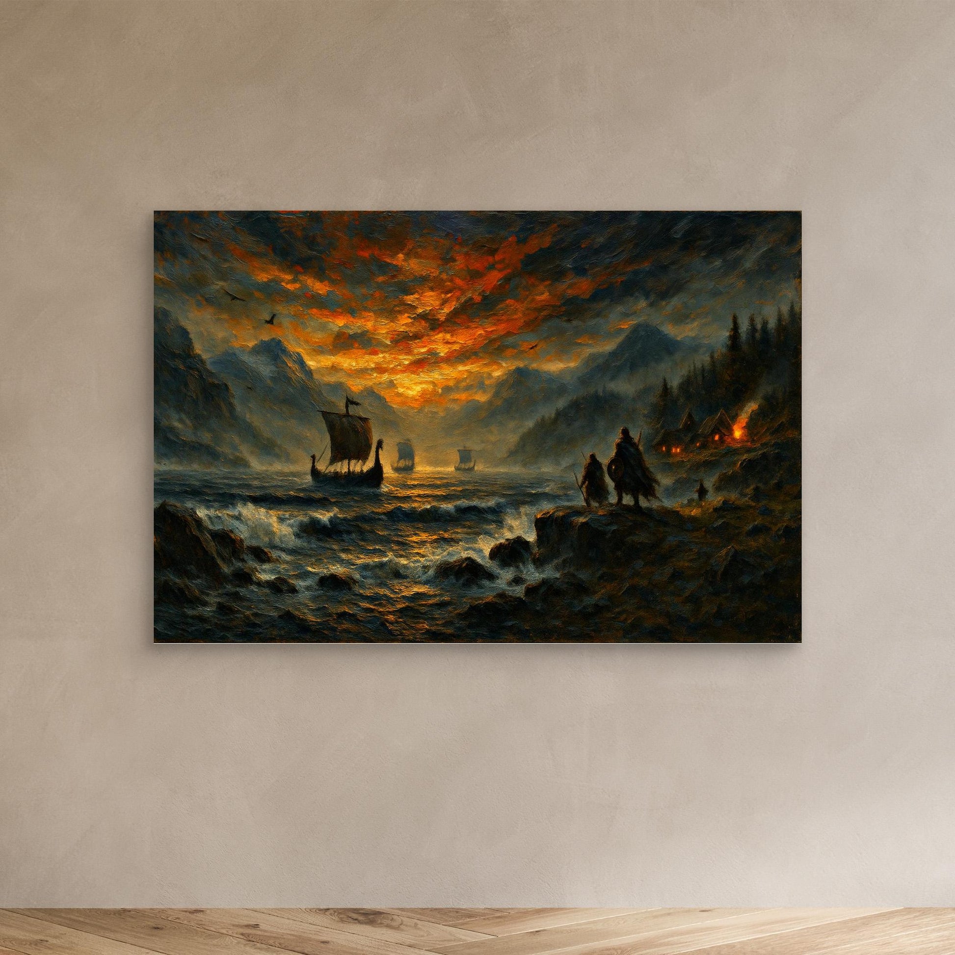 Viking Longship Canvas Wall Art – Dramatic Nordic Sunset Print