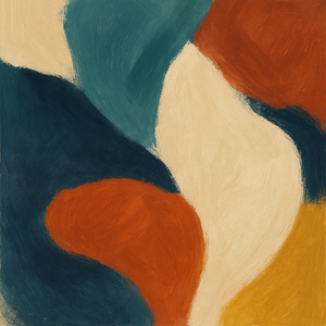 Modern abstract digital artwork featuring terracotta, teal, beige, and mustard color shapes in a minimalist, organic composition. Square format. Downloadable wall art.