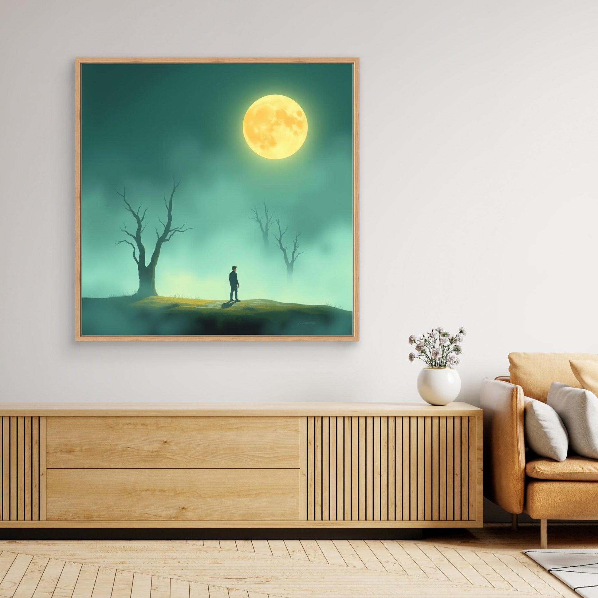 Minimalist Moonlight Silence – Serene Canvas Wall Art in Fog and Full Moonlight