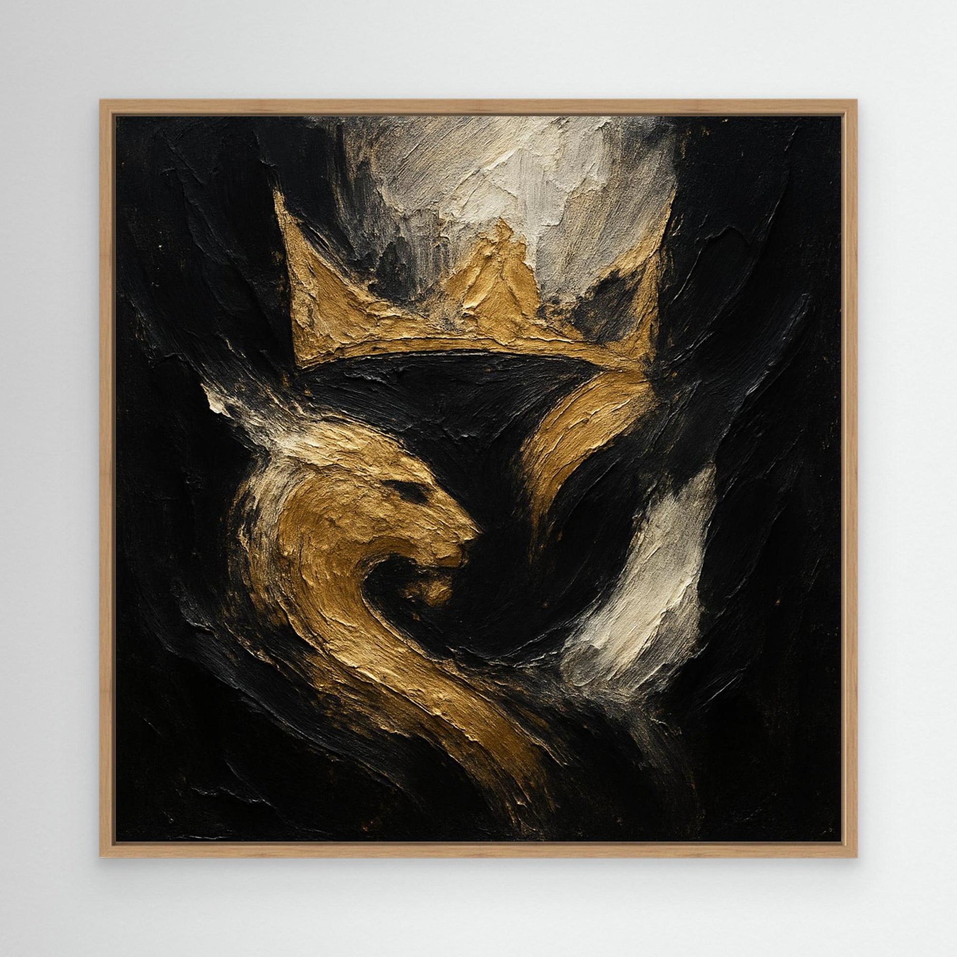 Crowned Lion Canvas Wall Art – Abstract Gold and Black Painting