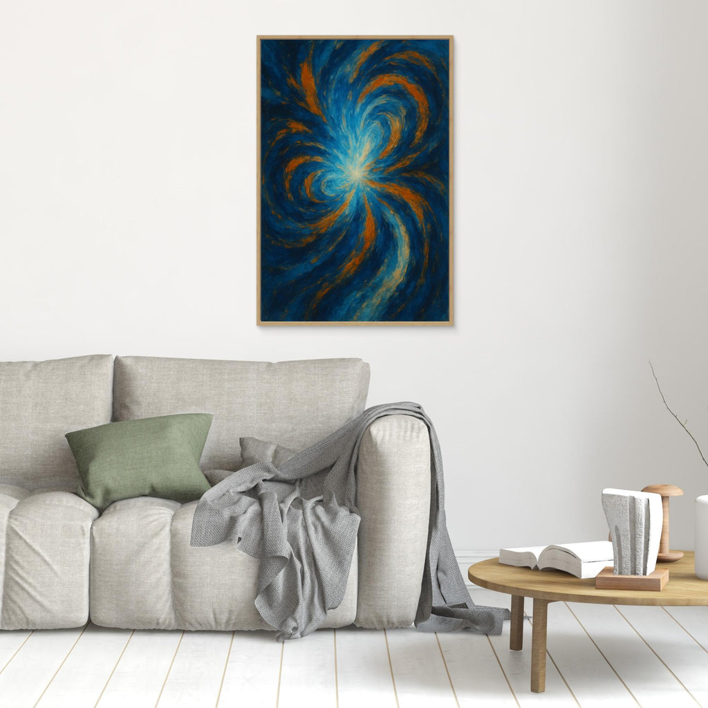 Blue and Orange Abstract Canvas Wall Art – Swirling Energy Print