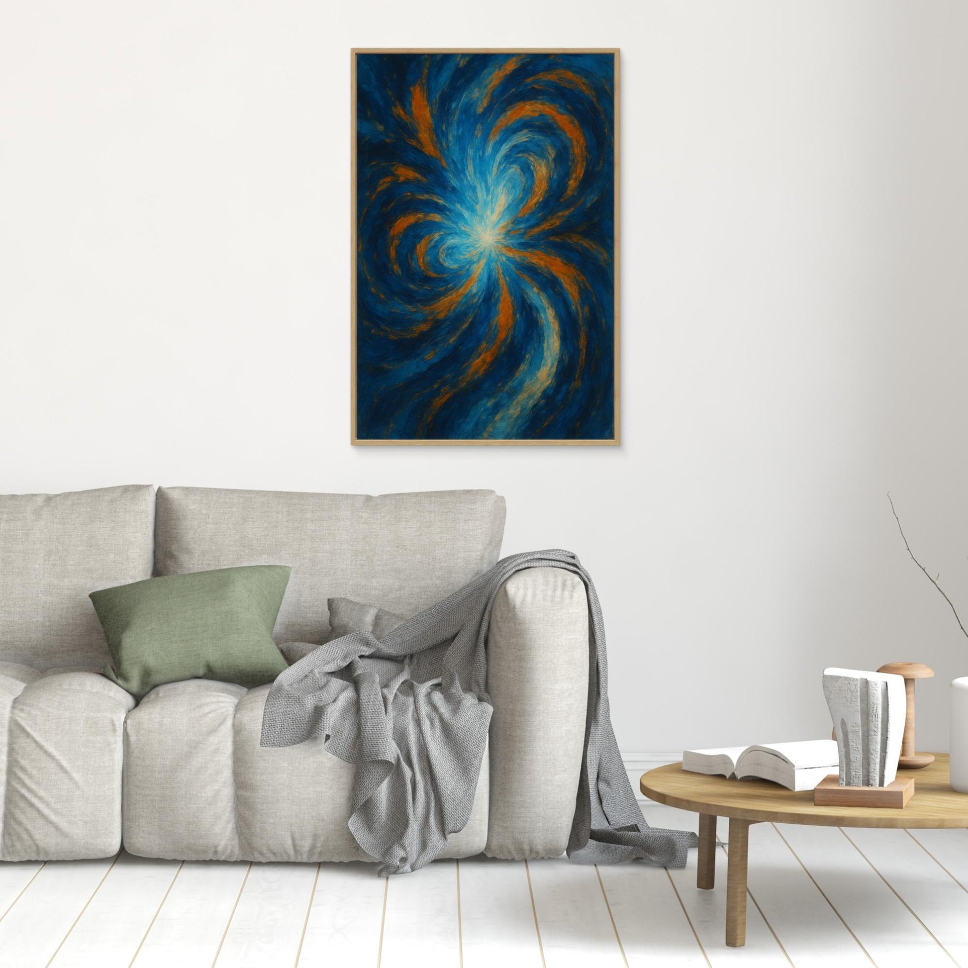 Blue and Orange Abstract Canvas Wall Art – Swirling Energy Print