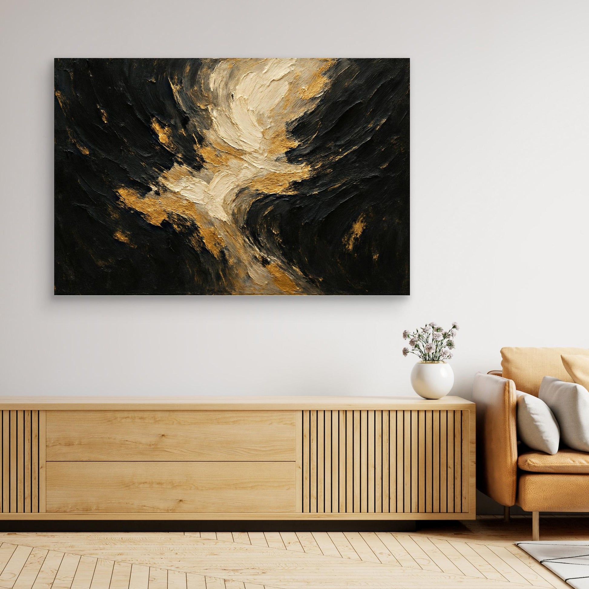 Gold and Black Textured Canvas Wall Art – Abstract Flow