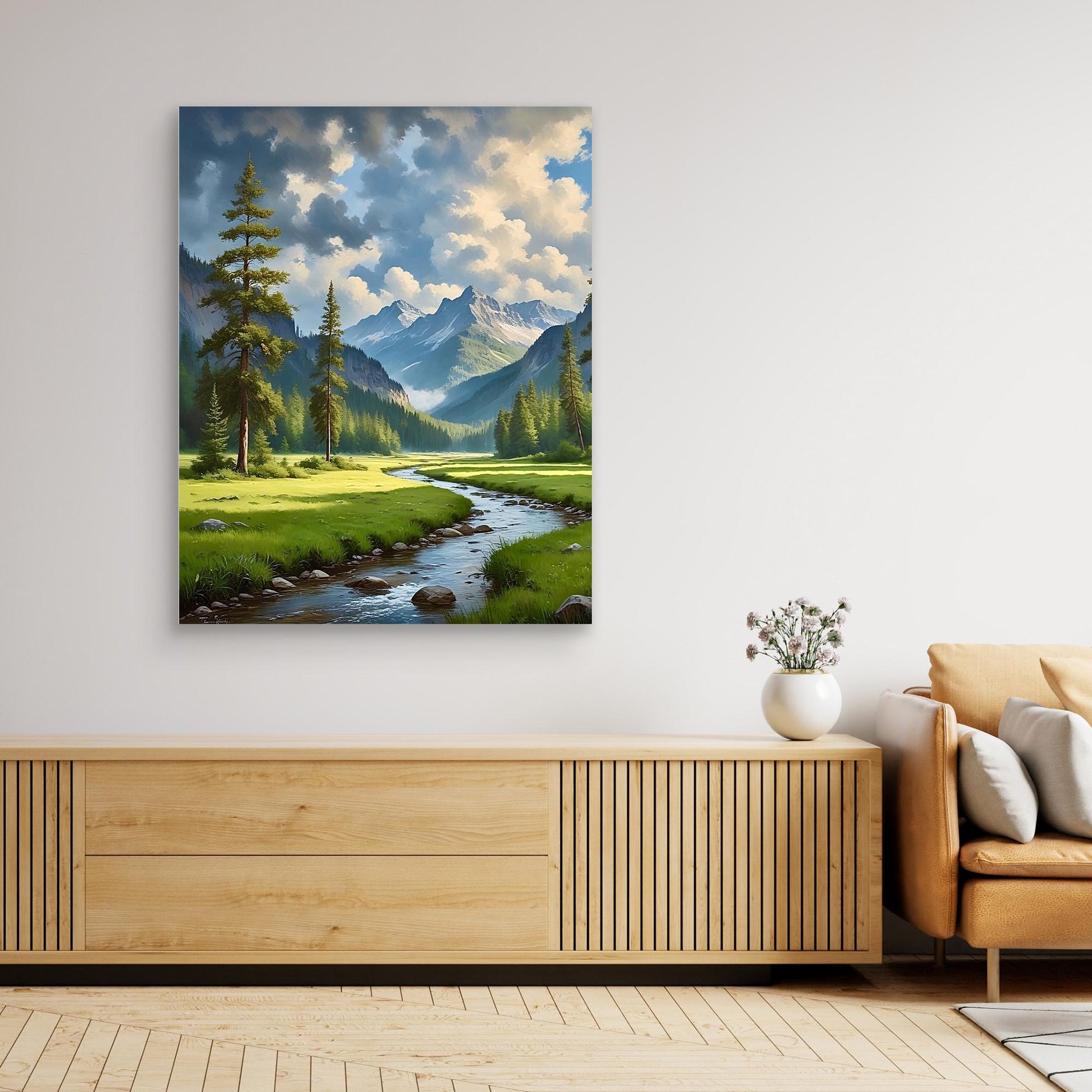 Mountain Valley Canvas Wall Art – Scenic River, Forest & Clouds Landscape Print