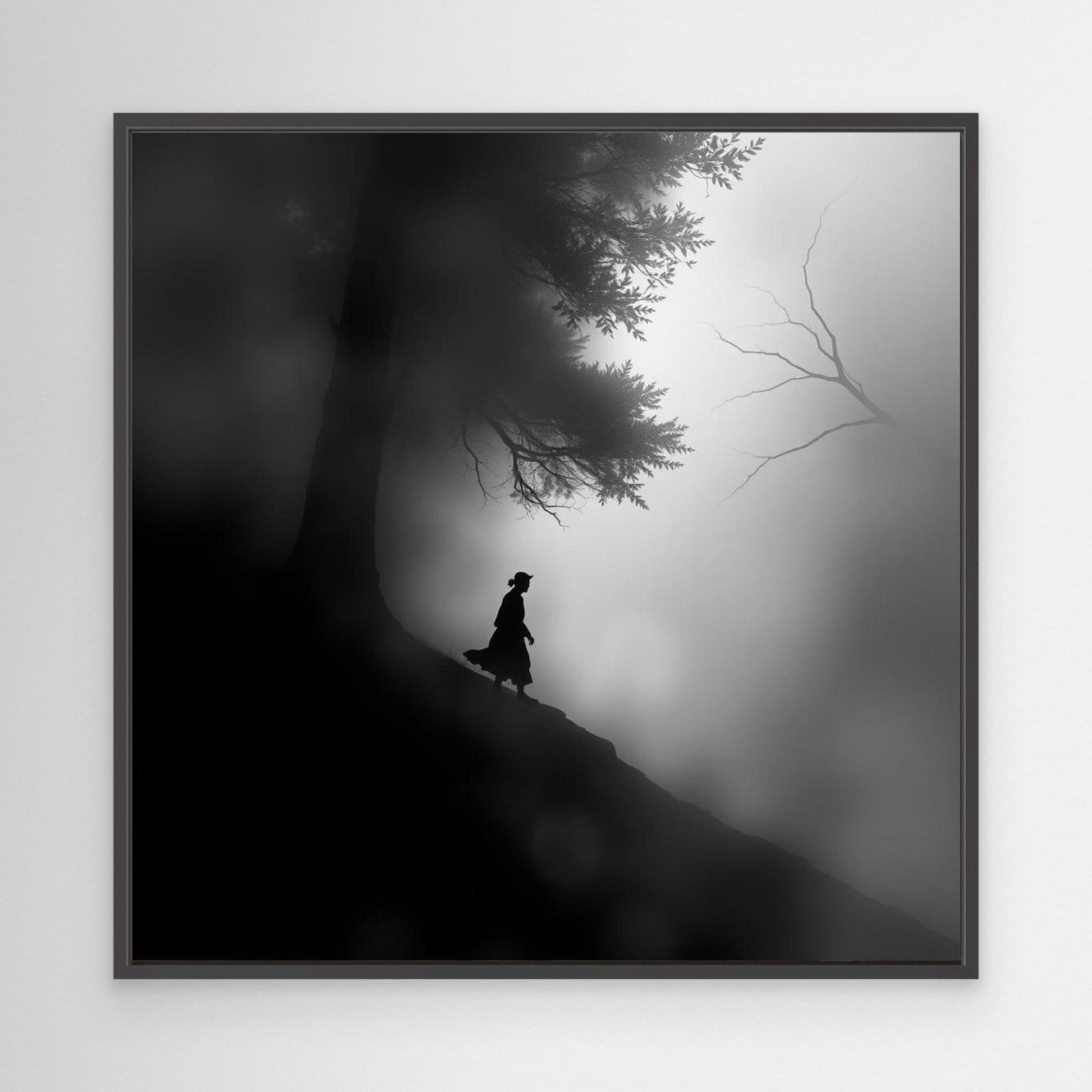 Mystic Walk Through the Fog – Black and White Nature Canvas Wall Art