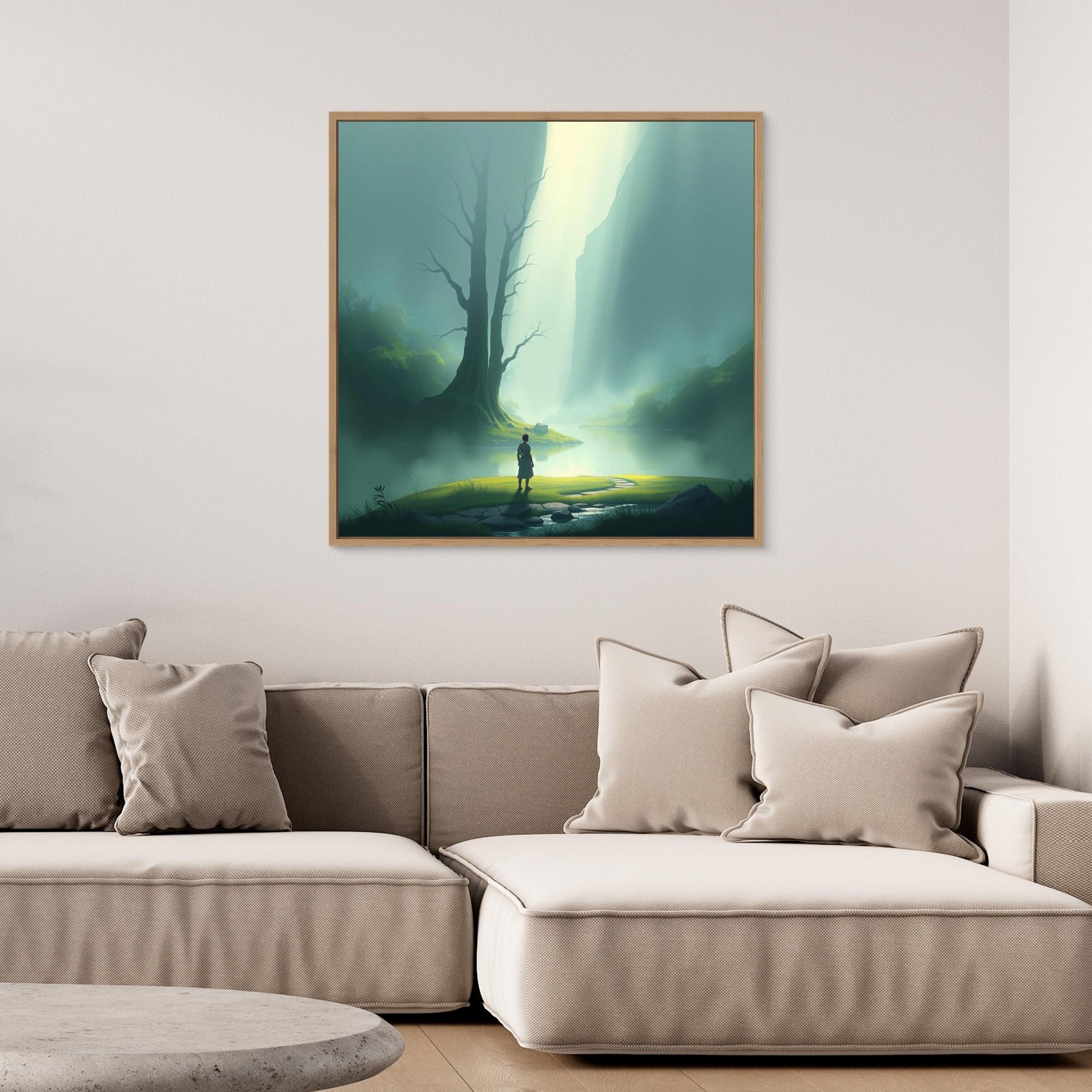 Misty Valley Awakening – Minimalist Nature Canvas Wall Art with Soft Light and Serenity
