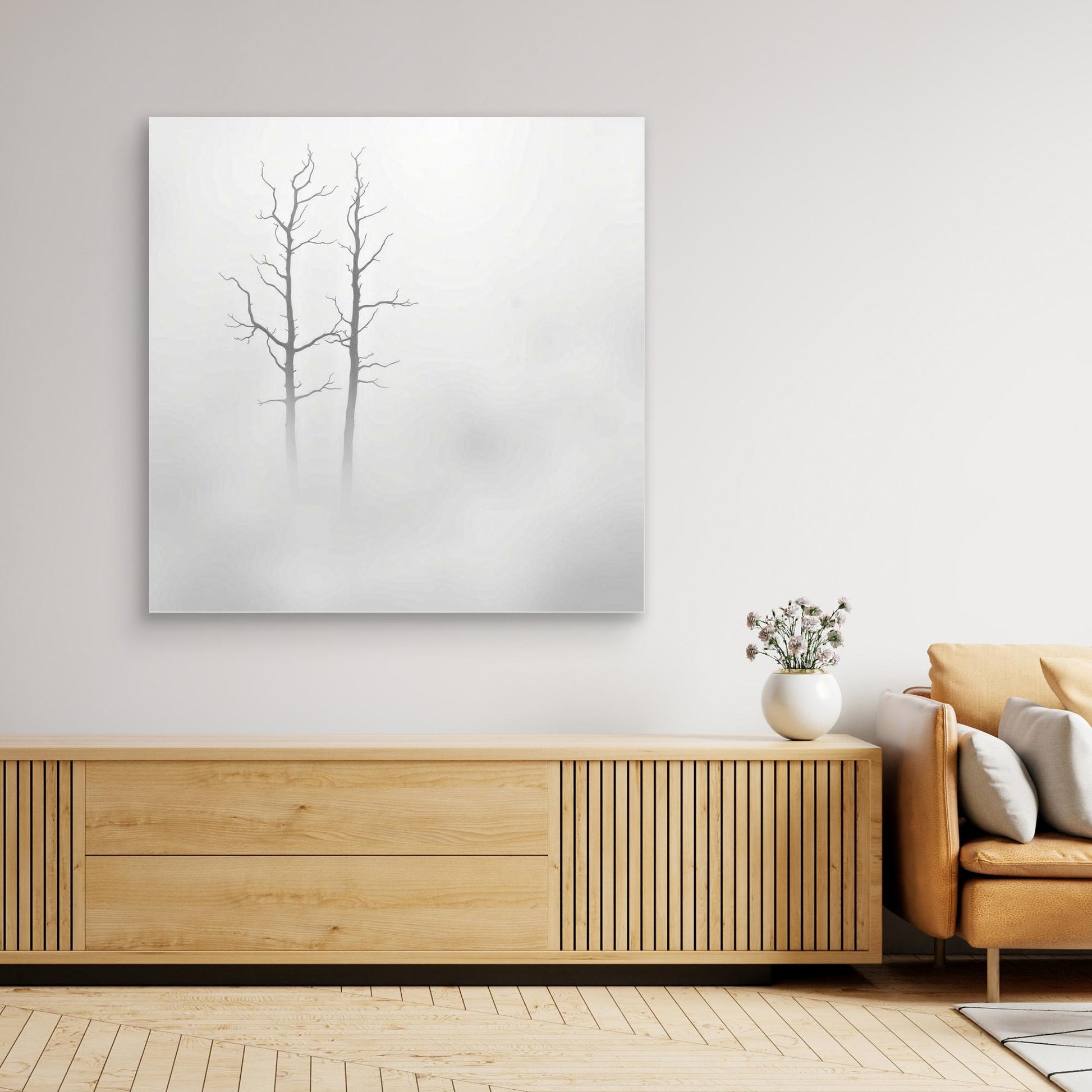 Echoes in the Fog – Minimalist Black and White Nature Canvas Art | Misty Trees Wall Decor