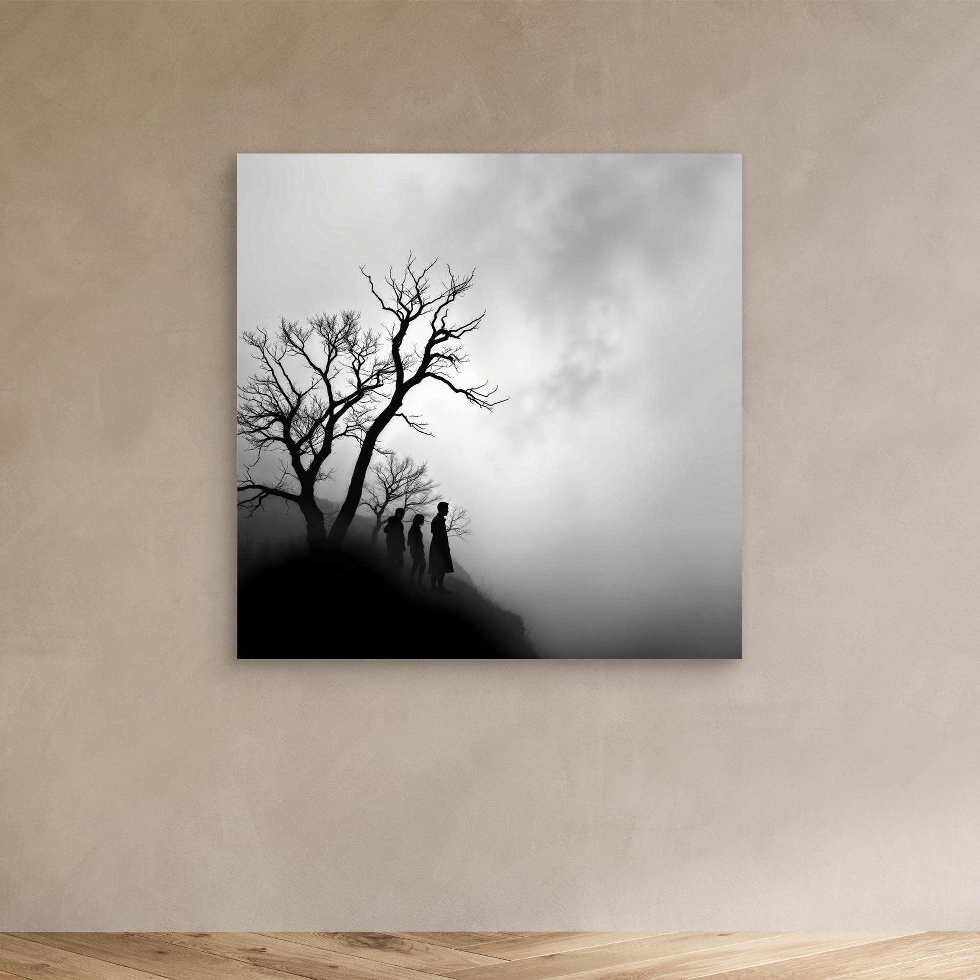 Edge of Silence – Minimalist Black & White Canvas Art | Surreal Fog Landscape with Silhouettes