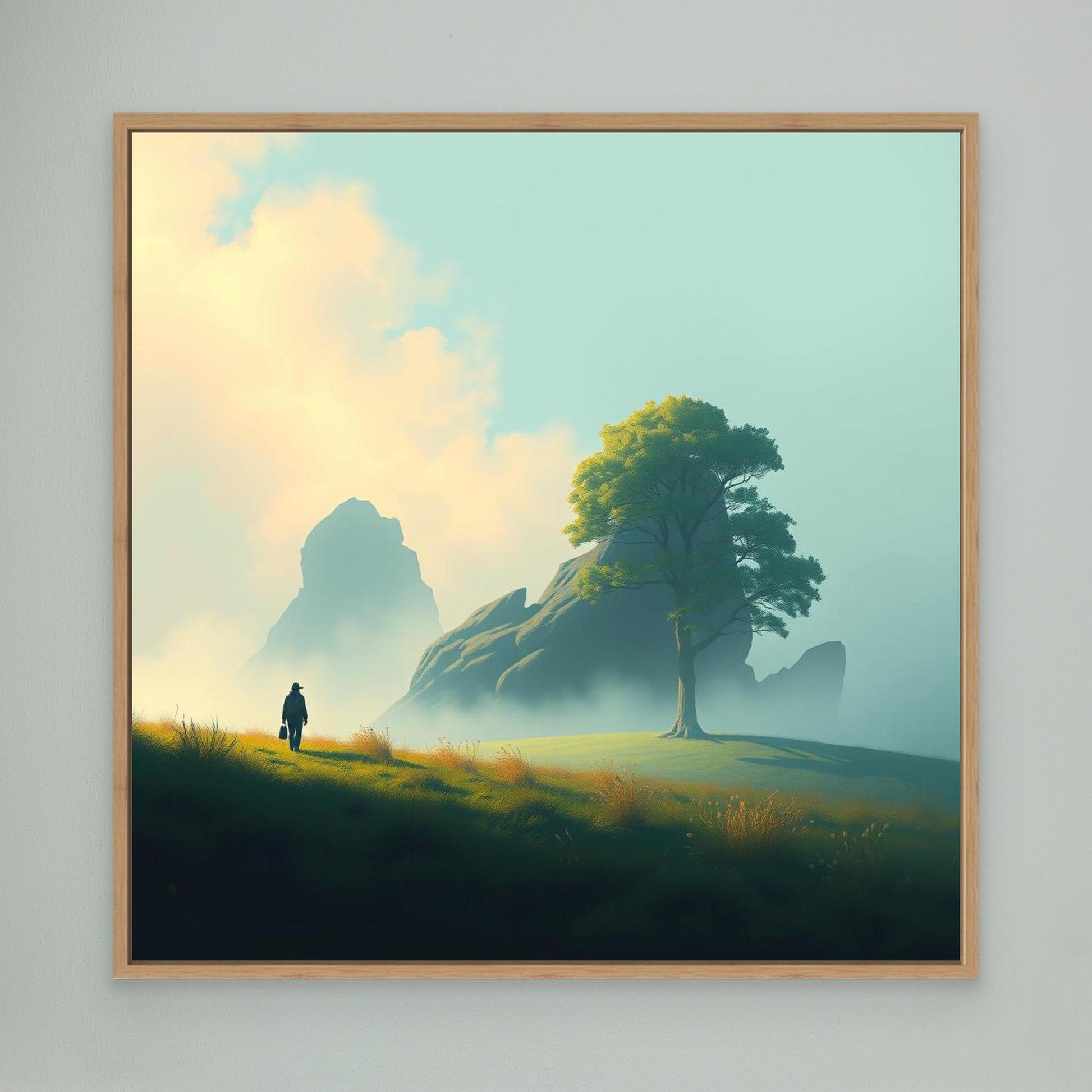Lone Journey – Minimalist Nature Canvas Print | Serene Landscape Wall Art with Tree and Mountains