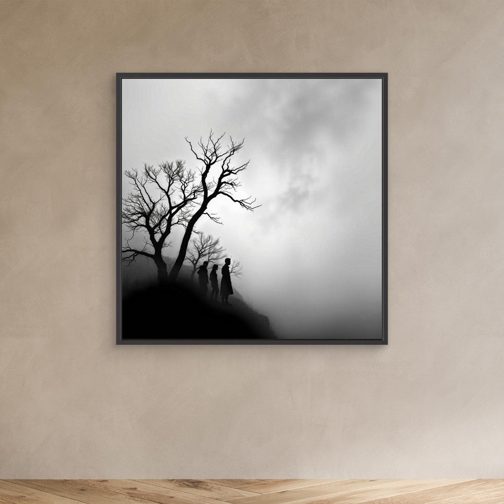 Edge of Silence – Minimalist Black & White Canvas Art | Surreal Fog Landscape with Silhouettes