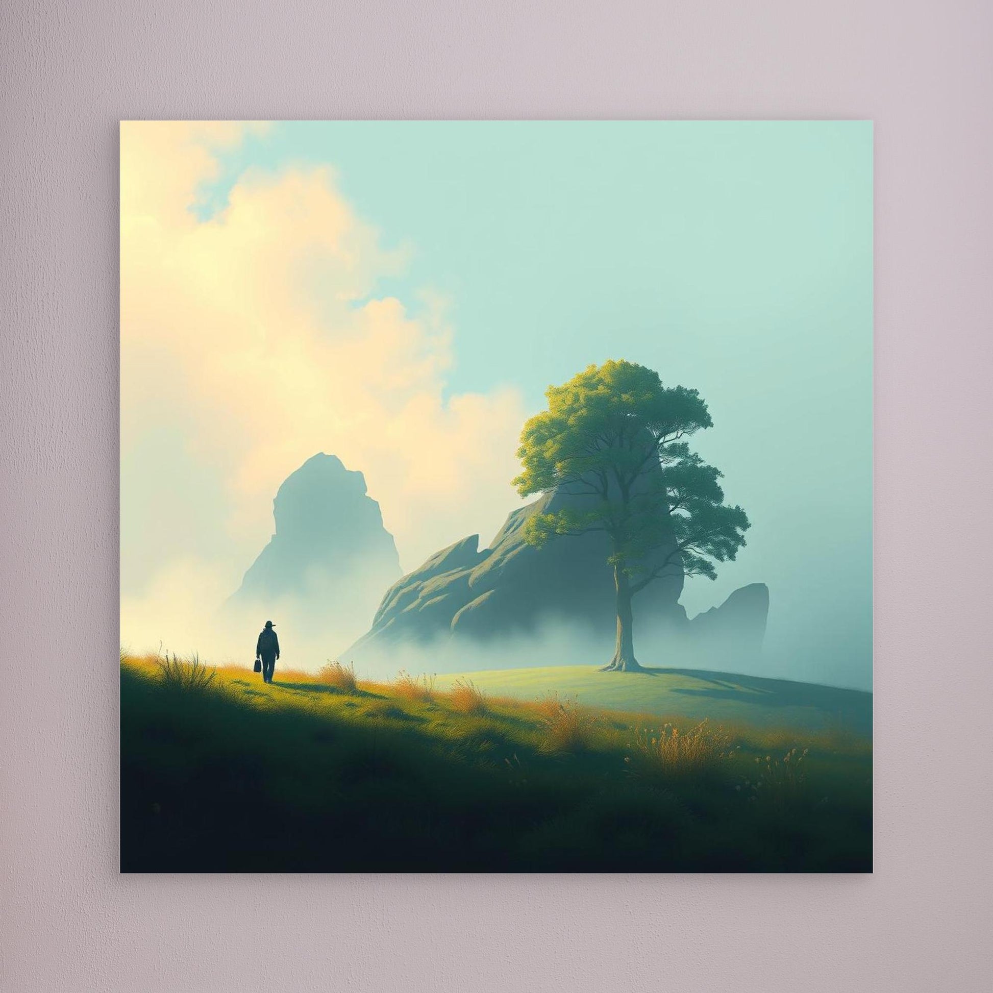 Lone Journey – Minimalist Nature Canvas Print | Serene Landscape Wall Art with Tree and Mountains
