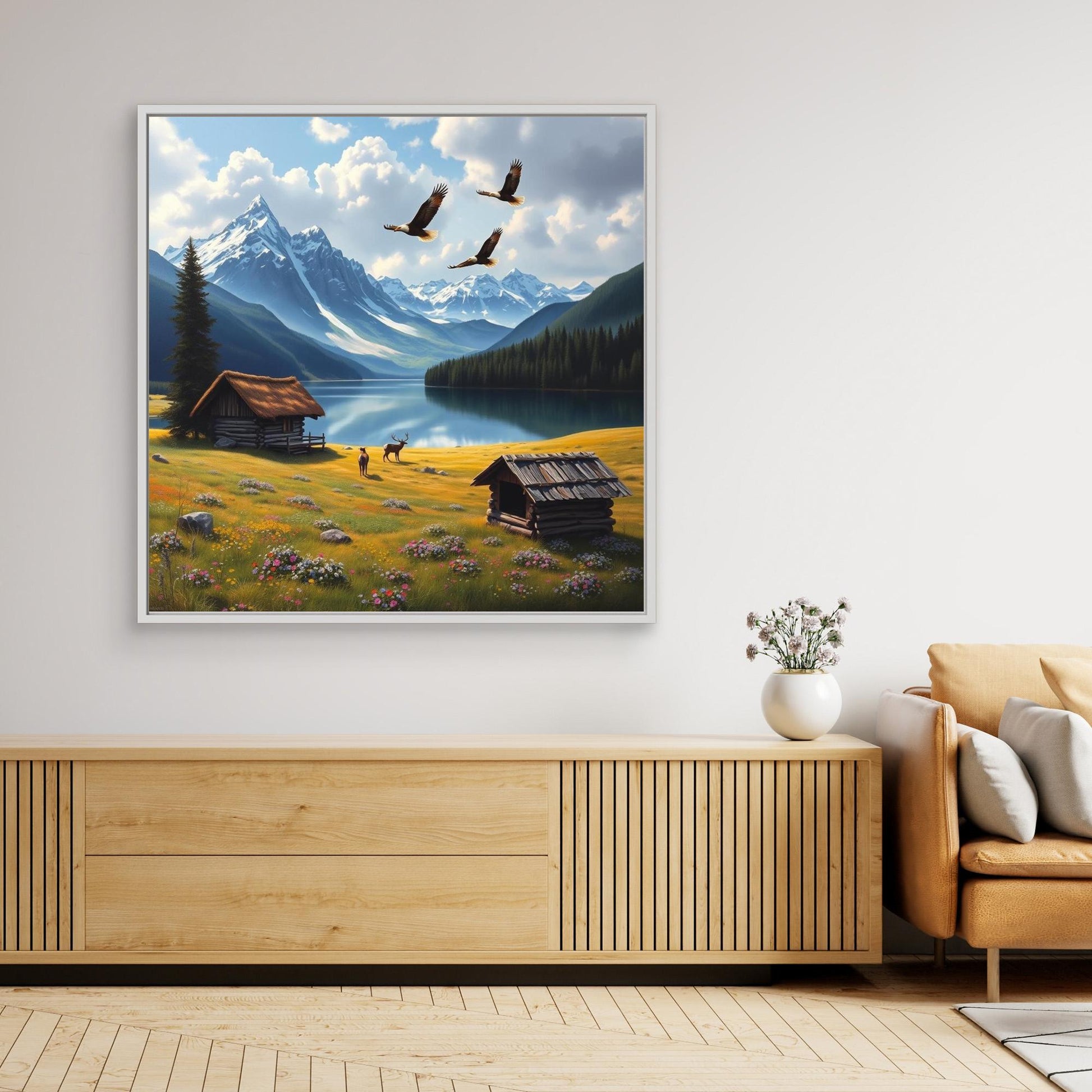 Golden Meadow Escape – Cabin, Eagles & Deer in Mountain Valley