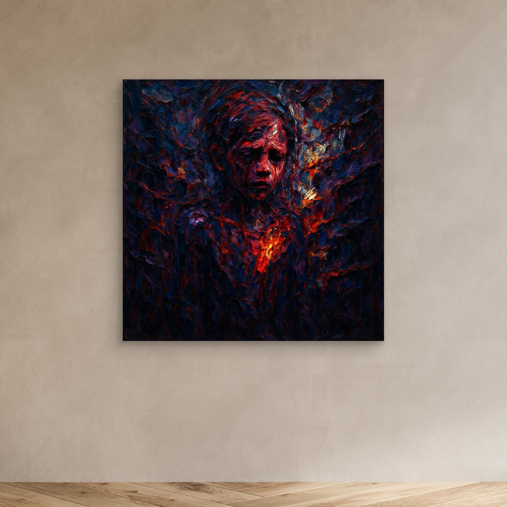 Figurative Fire Portrait – Dark Emotional Canvas Wall Art