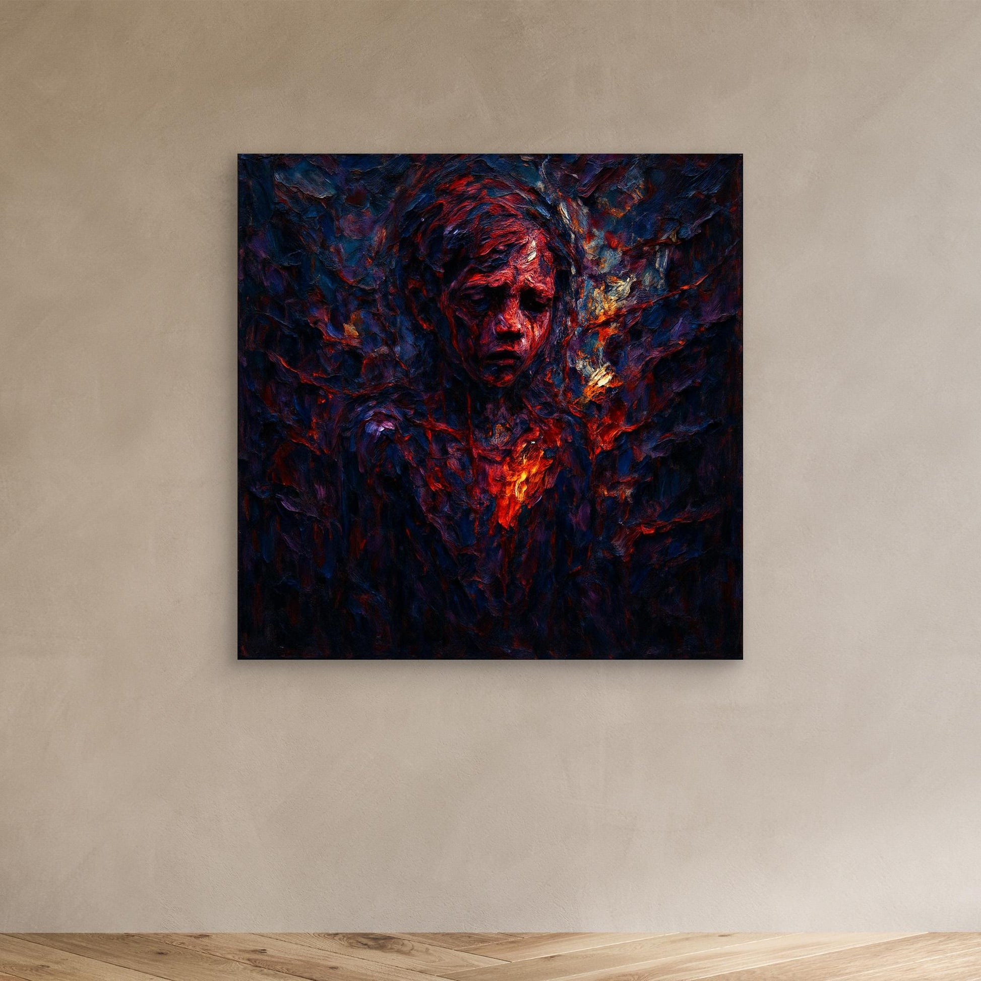 Figurative Fire Portrait – Dark Emotional Canvas Wall Art