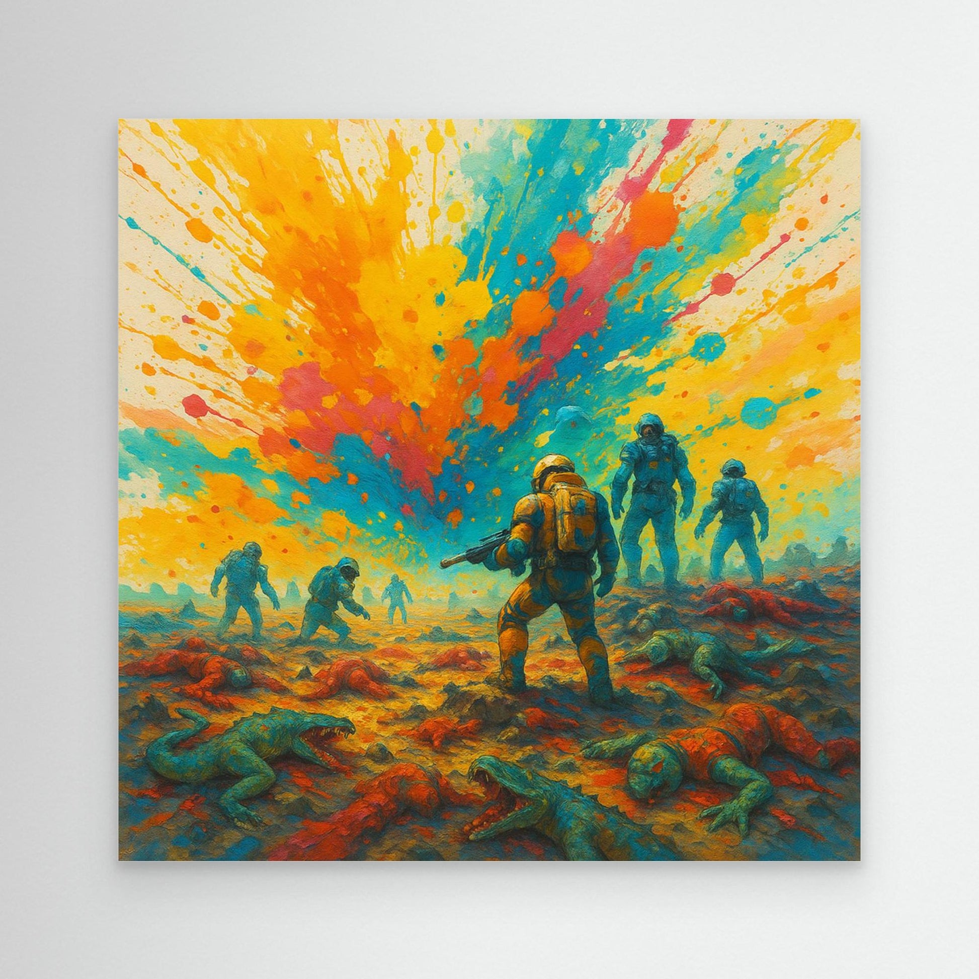 Galactic Apes: Explosion of Victory – Colorful Sci-Fi Canvas Wall Art Print