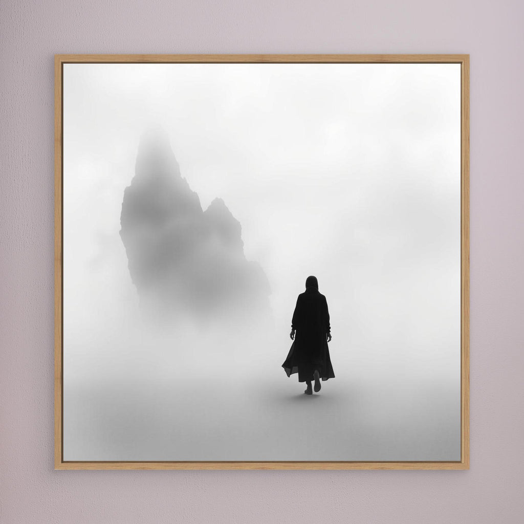 Into the Silence – Minimalist Black and White Canvas Art of Solitary Figure in Foggy Landscape